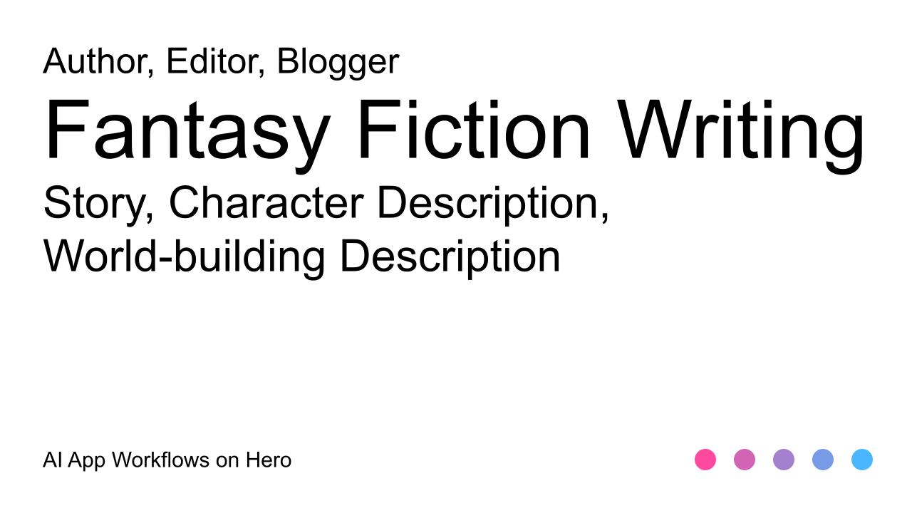 The text Fantasy Fiction Writing and Story, Character Description, World-building Description on a white background