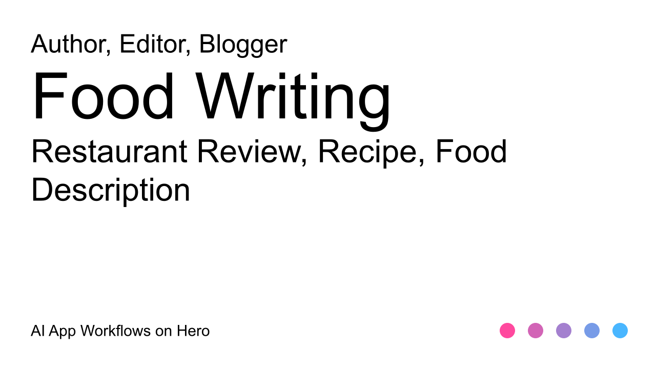 The text Food Writing and Restaurant Review, Recipe, Food Description on a white background