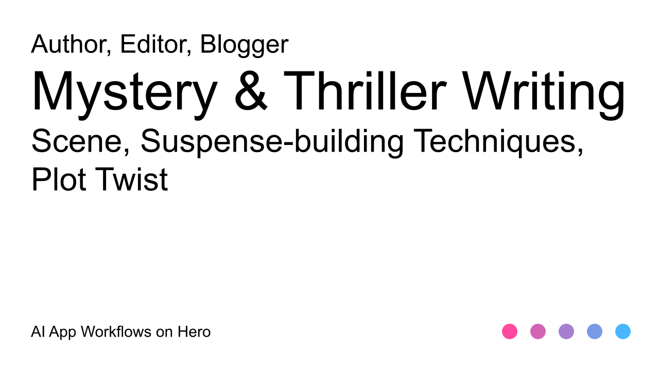 The text Mystery & Thriller Writing and Scene, Suspense-building Techniques, Plot Twist on a white background