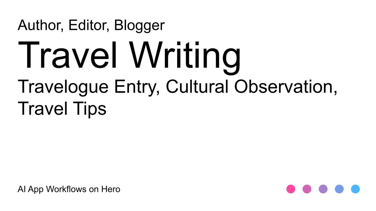 The text Travel Writing and Travelogue Entry, Cultural Observation, Travel Tips on a white background