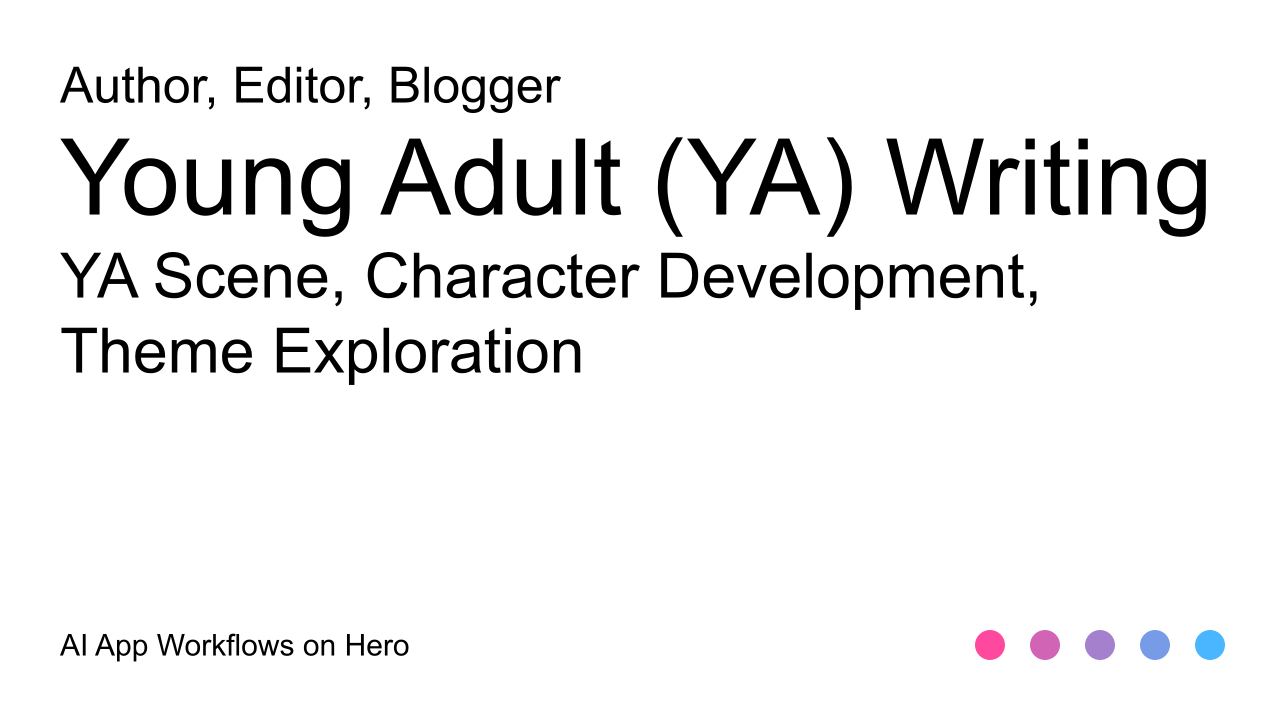 The text Young Adult (YA) Writing and YA Scene, Character Development, Theme Exploration on a white background