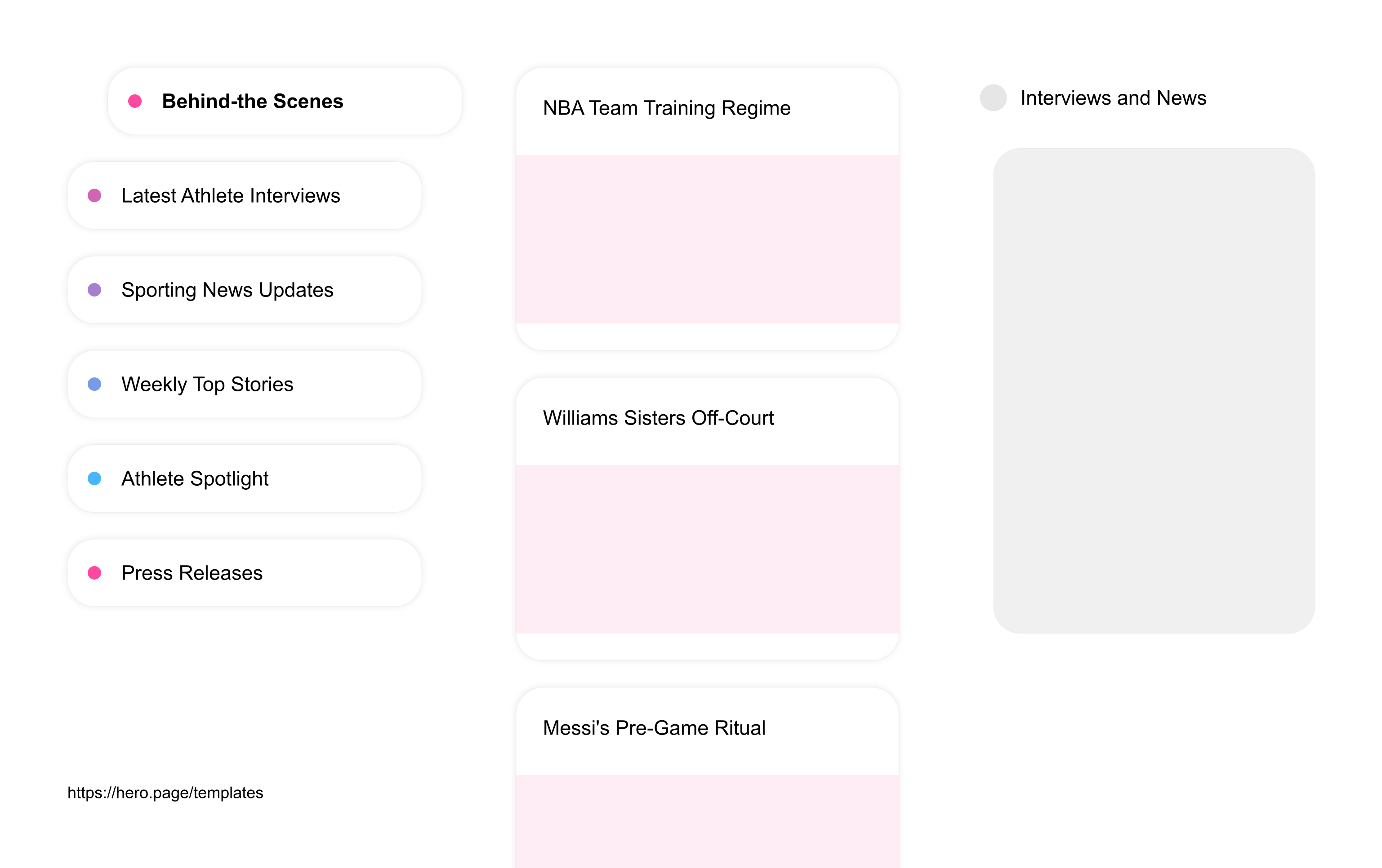 Infographic visualizing the "Interviews and News" space template list "Behind-the Scenes", with the items: "NBA Team Training Regime, Williams Sisters Off-Court, Messi's Pre-Game Ritual, Day in Life: Ronaldo, Tour with Federer's Coach"
