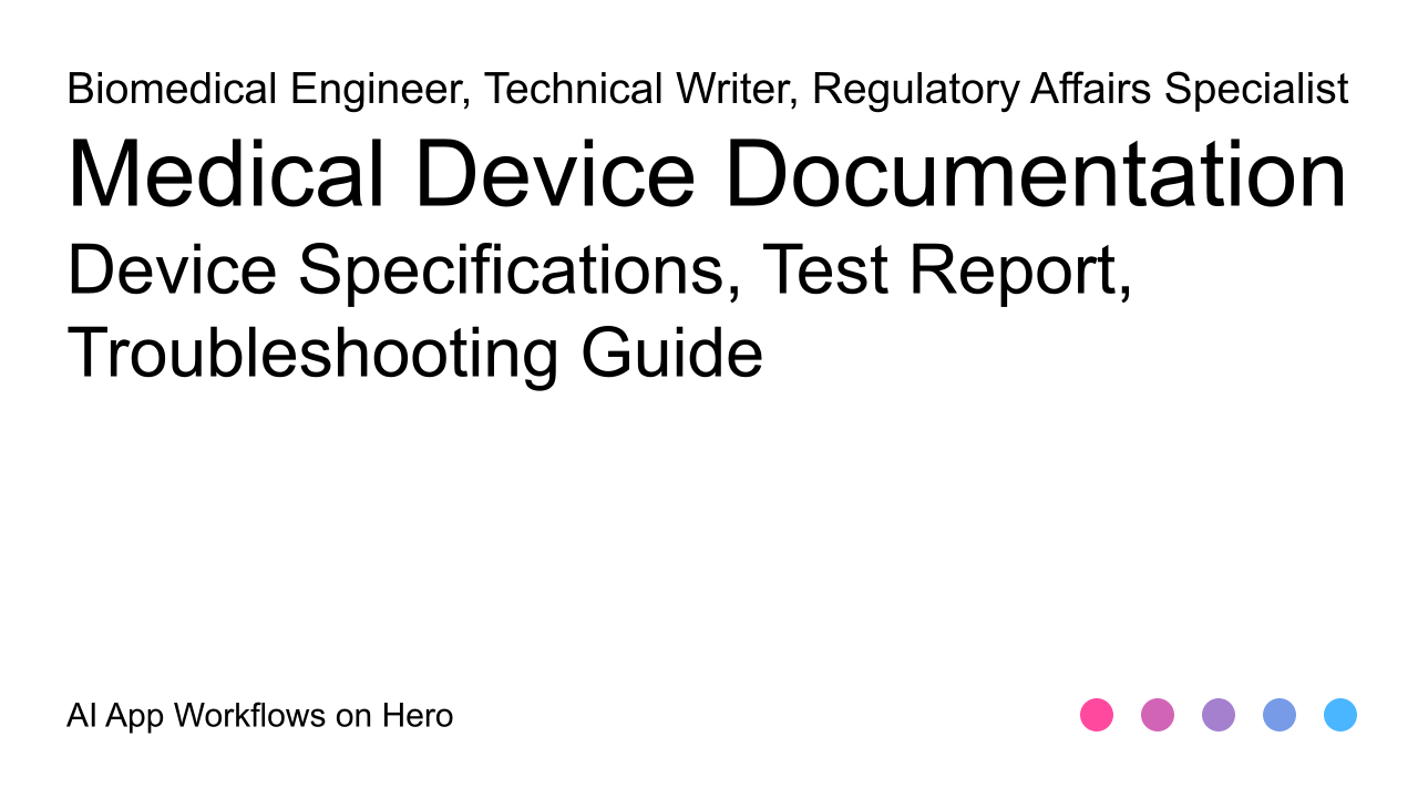 The text Medical Device Documentation and Device Specifications, Test Report, Troubleshooting Guide on a white background