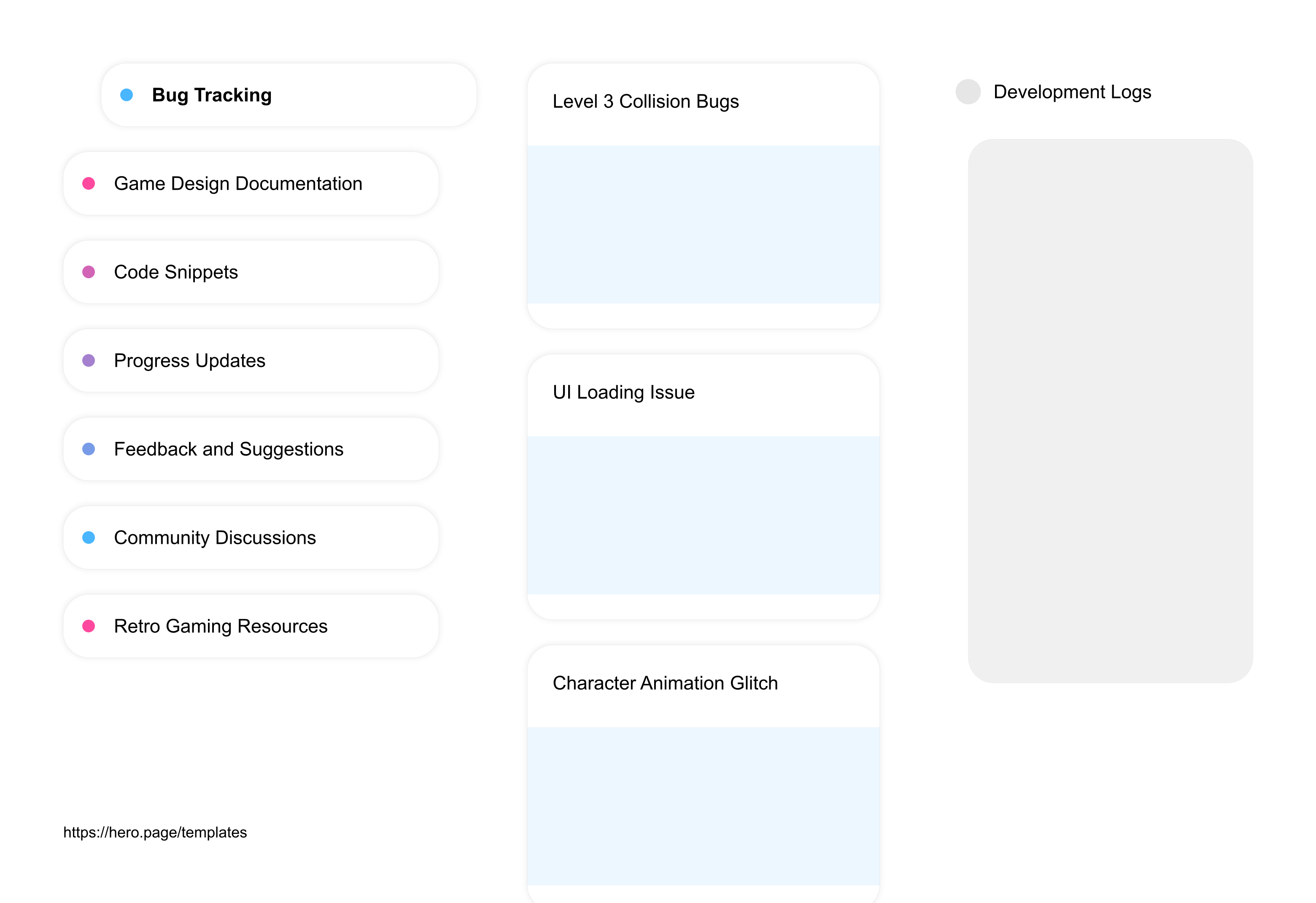 Infographic visualizing the "Development Logs" space template list "Bug Tracking", with the items: "Level 3 Collision Bugs, UI Loading Issue, Character Animation Glitch, Sound Syncing Error, Game Save Bug"