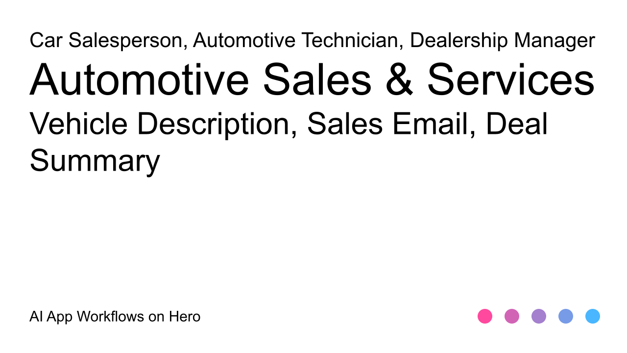 The text Automotive Sales & Services and Vehicle Description, Sales Email, Deal Summary on a white background