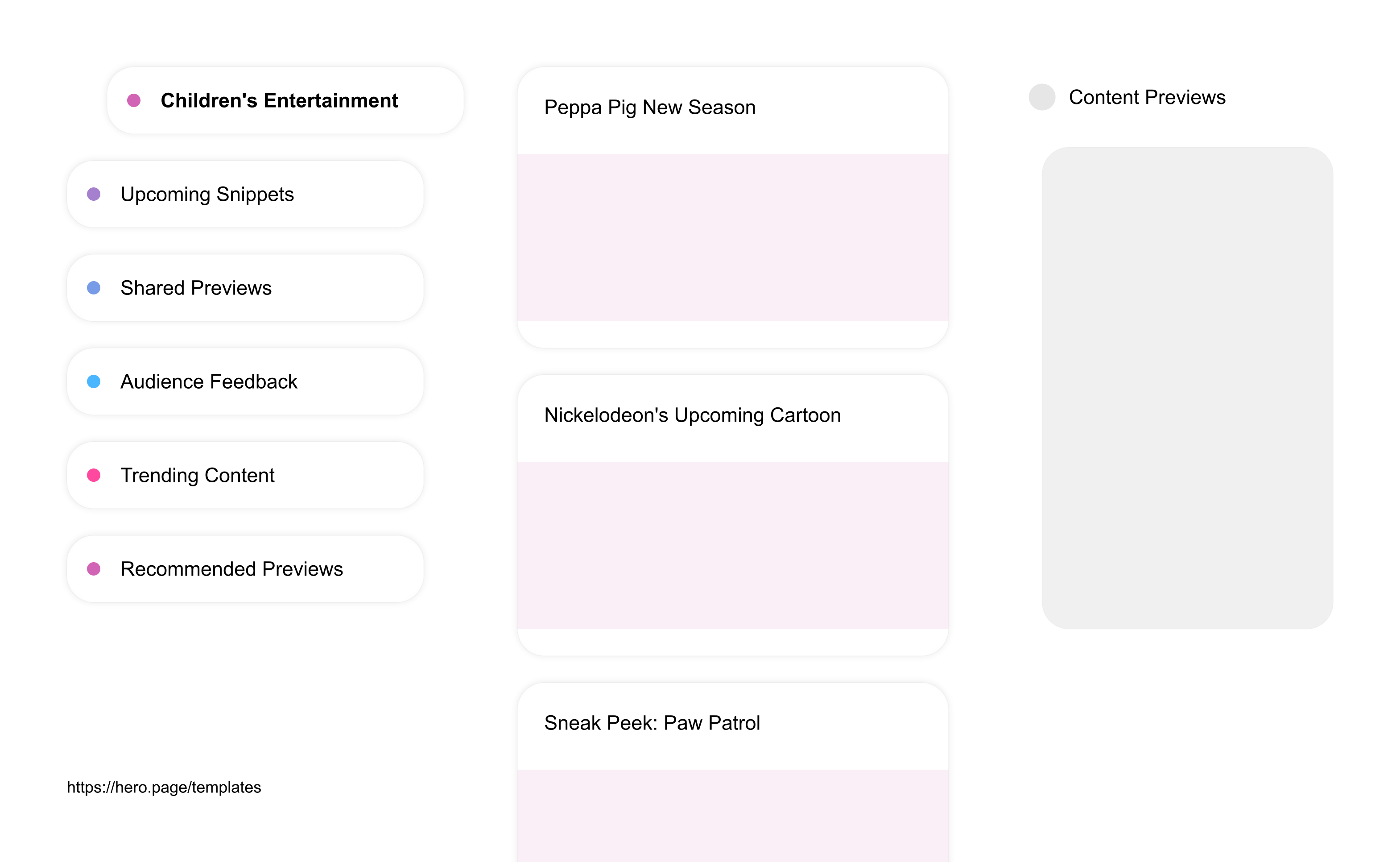 Infographic visualizing the "Content Previews" space template list "Children's Entertainment", with the items: "Peppa Pig New Season, Nickelodeon's Upcoming Cartoon, Sneak Peek: Paw Patrol, Disney's Frozen Sequel Preview, New LEGO Series Teaser"