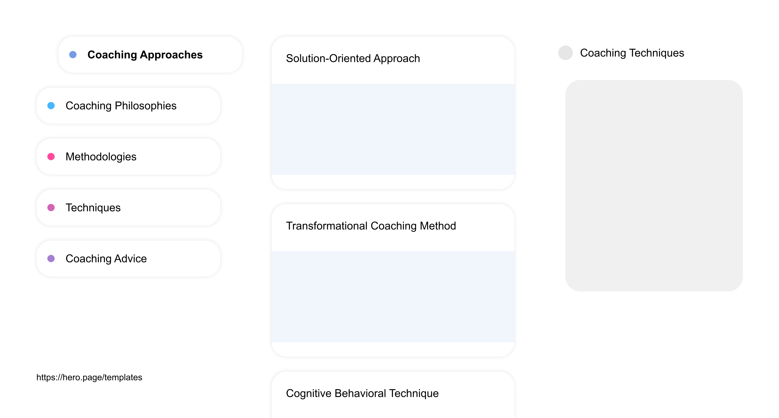 Infographic visualizing the "Coaching Techniques" space template list "Coaching Approaches", with the items: "Solution-Oriented Approach, Transformational Coaching Method, Cognitive Behavioral Technique, Holistic Coaching Style, GROW Model Strategy"