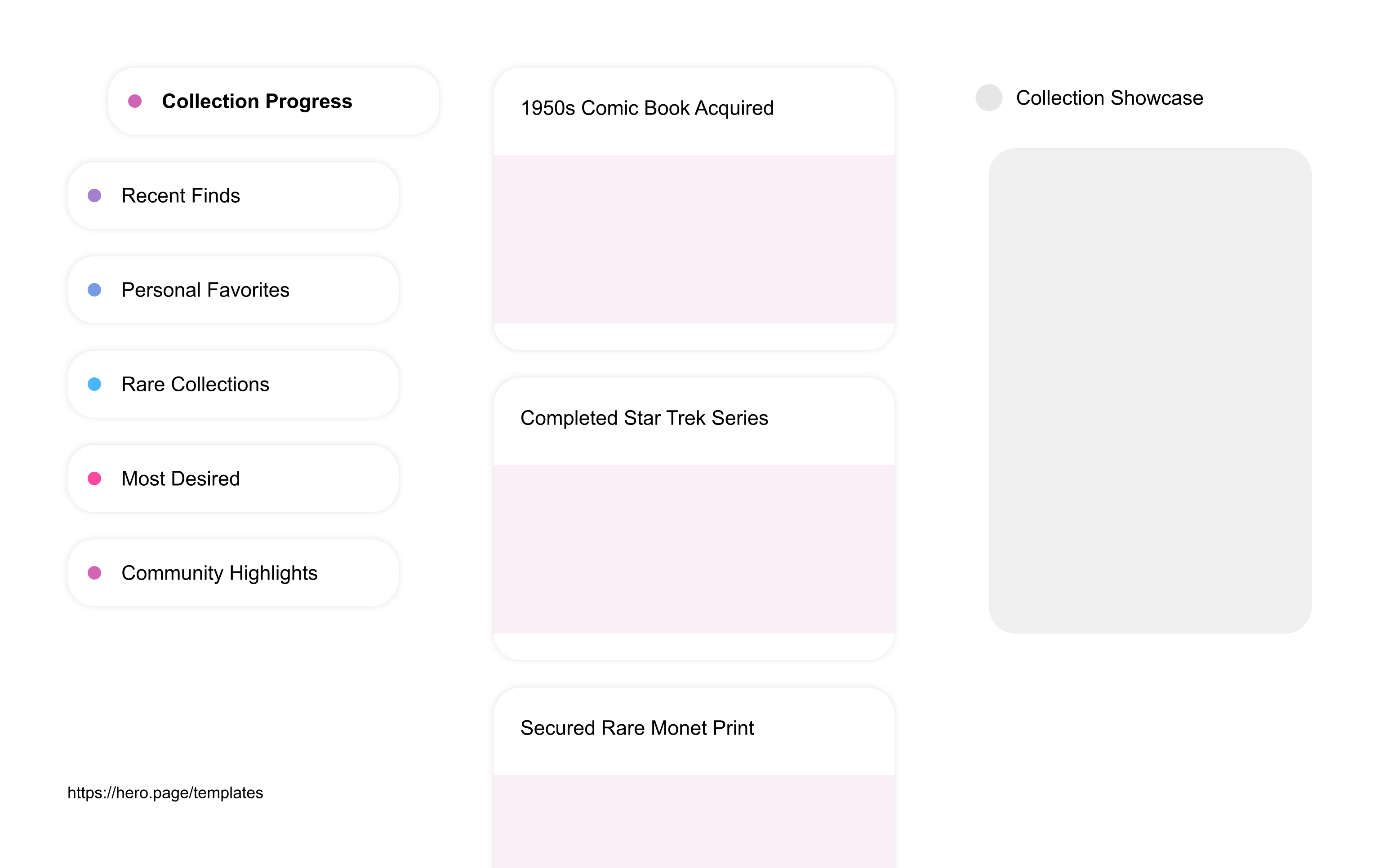 Infographic visualizing the "Collection Showcase" space template list "Collection Progress", with the items: "1950s Comic Book Acquired, Completed Star Trek Series, Secured Rare Monet Print, Vinyl Collection Expansion, Obtained Final Beatles Album"