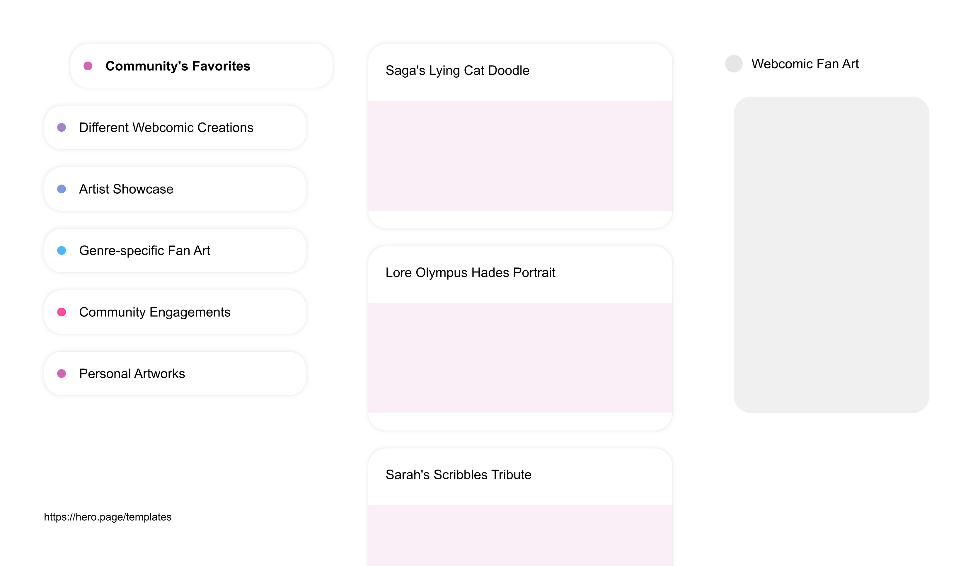 Infographic visualizing the "Webcomic Fan Art" space template list "Community's Favorites", with the items: "Saga's Lying Cat Doodle, Lore Olympus Hades Portrait, Sarah's Scribbles Tribute, Gotham Academy Fan Sketch, The Sandman's Dream Interpretation"