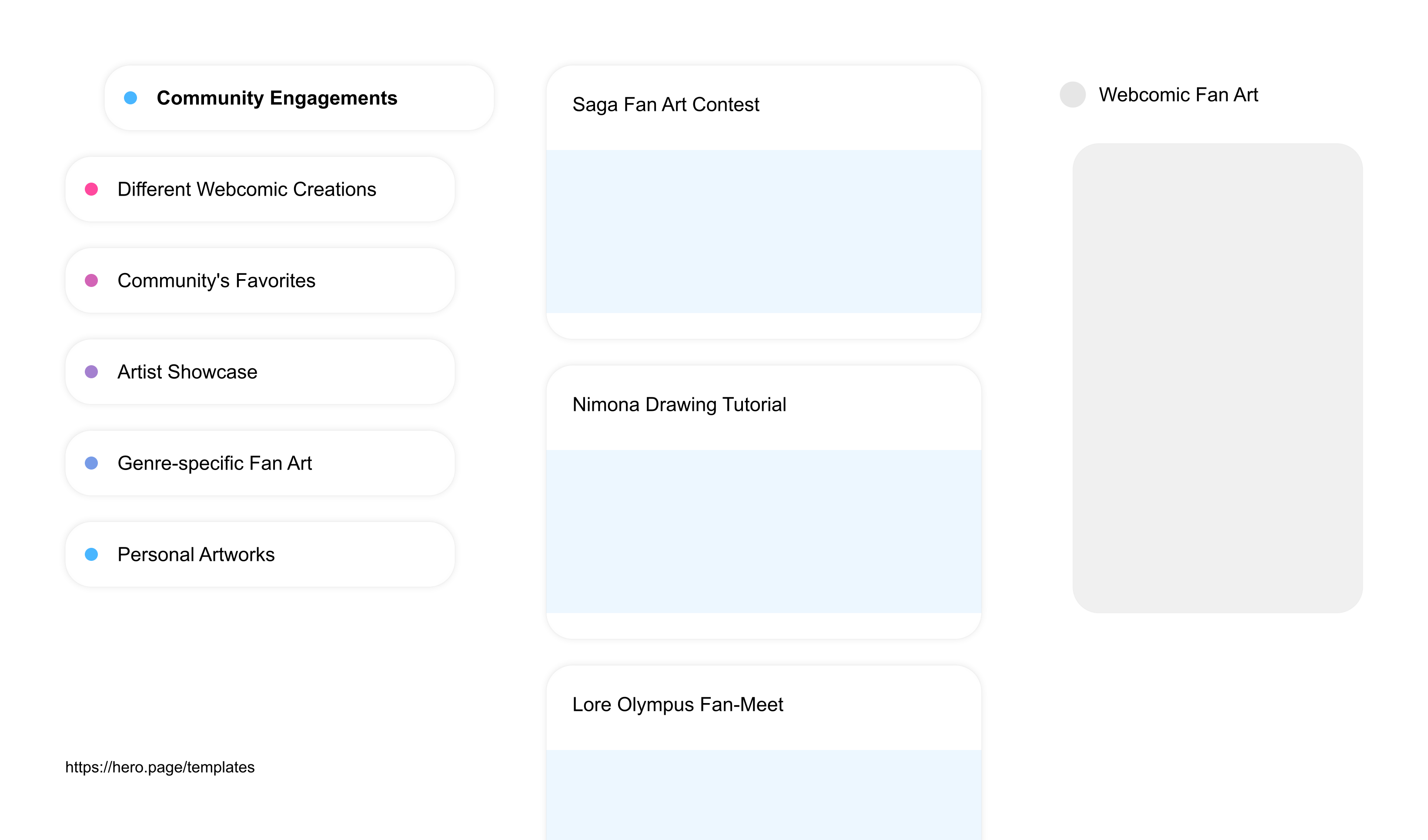 Infographic visualizing the "Webcomic Fan Art" space template list "Community Engagements", with the items: "Saga Fan Art Contest, Nimona Drawing Tutorial, Lore Olympus Fan-Meet, Sandman Interpretation Discussion, Critique Session Sarah's Scribbles"