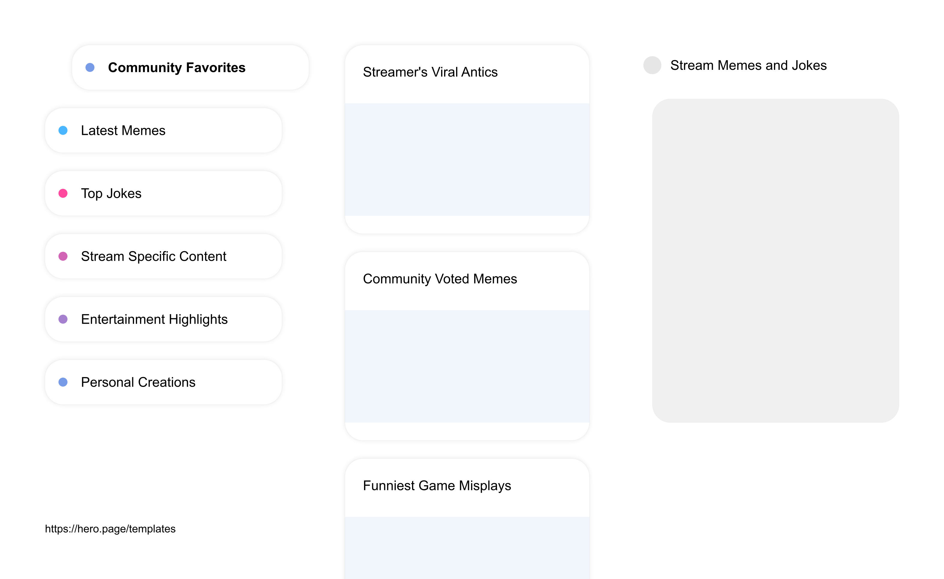 Infographic visualizing the "Stream Memes and Jokes" space template list "Community Favorites", with the items: "Streamer's Viral Antics, Community Voted Memes, Funniest Game Misplays, Top Viewer Pranks, Laugh Out Loud Clips"