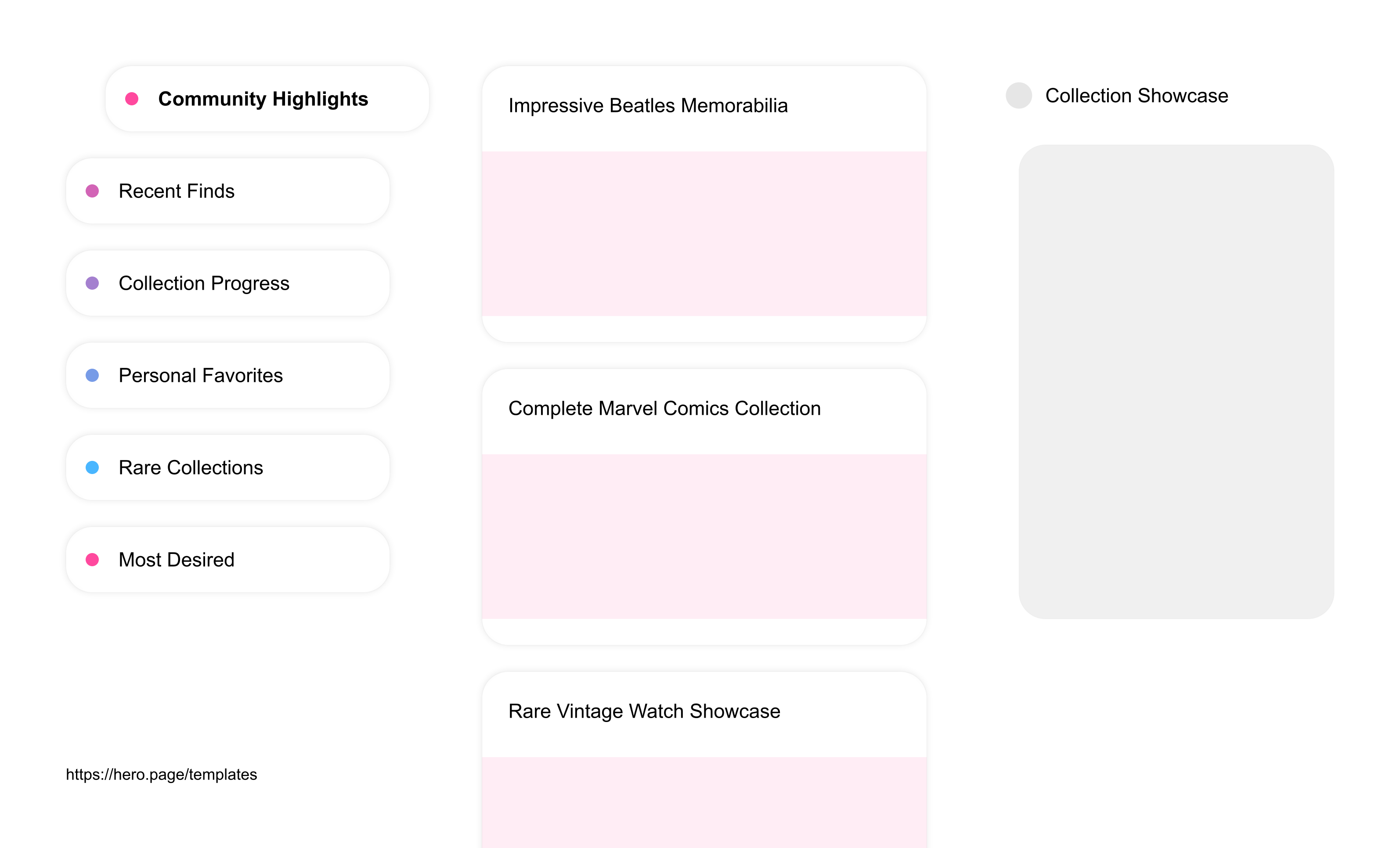 Infographic visualizing the "Collection Showcase" space template list "Community Highlights", with the items: "Impressive Beatles Memorabilia, Complete Marvel Comics Collection, Rare Vintage Watch Showcase, 19th Century Coin Collection, Notable Signed Book Finds"