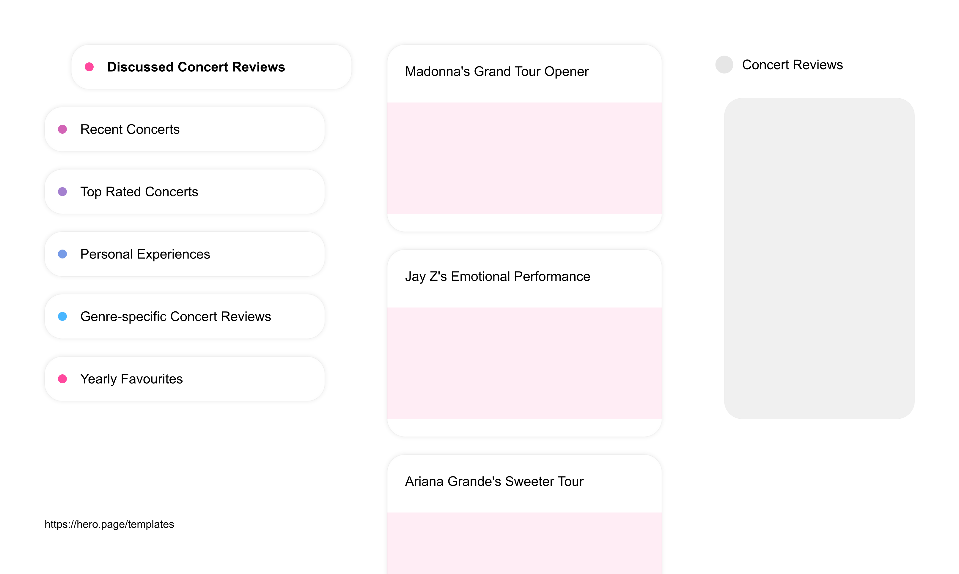 Infographic visualizing the "Concert Reviews" space template list "Discussed Concert Reviews", with the items: "Madonna's Grand Tour Opener, Jay Z's Emotional Performance, Ariana Grande's Sweeter Tour, Rolling Stones' Last Concert, Miley Cyrus's Bangerz Show"