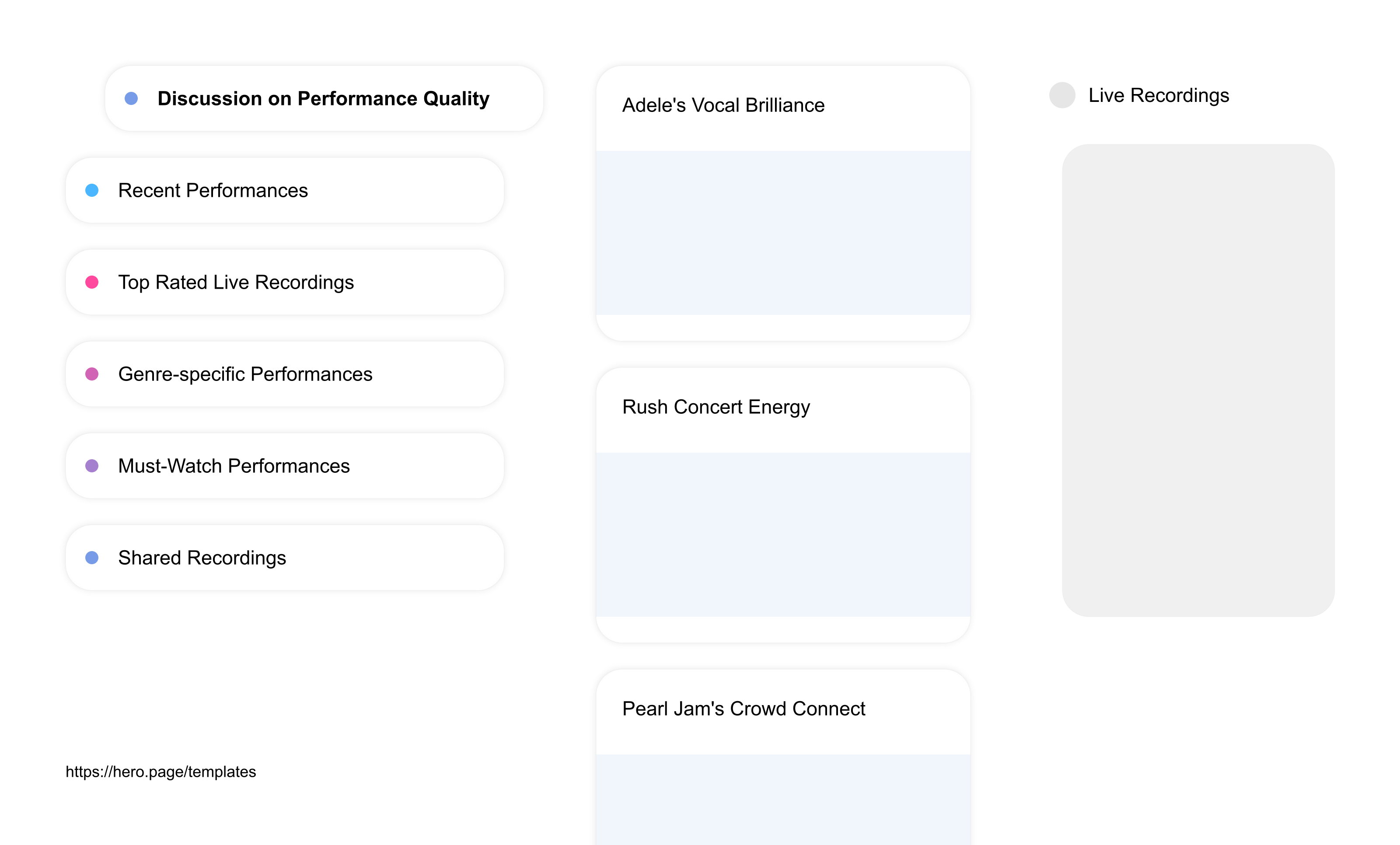 Infographic visualizing the "Live Recordings" space template list "Discussion on Performance Quality", with the items: "Adele's Vocal Brilliance, Rush Concert Energy, Pearl Jam's Crowd Connect, Eminem's Freestyle Impact, Beyoncé's Stage Presence"