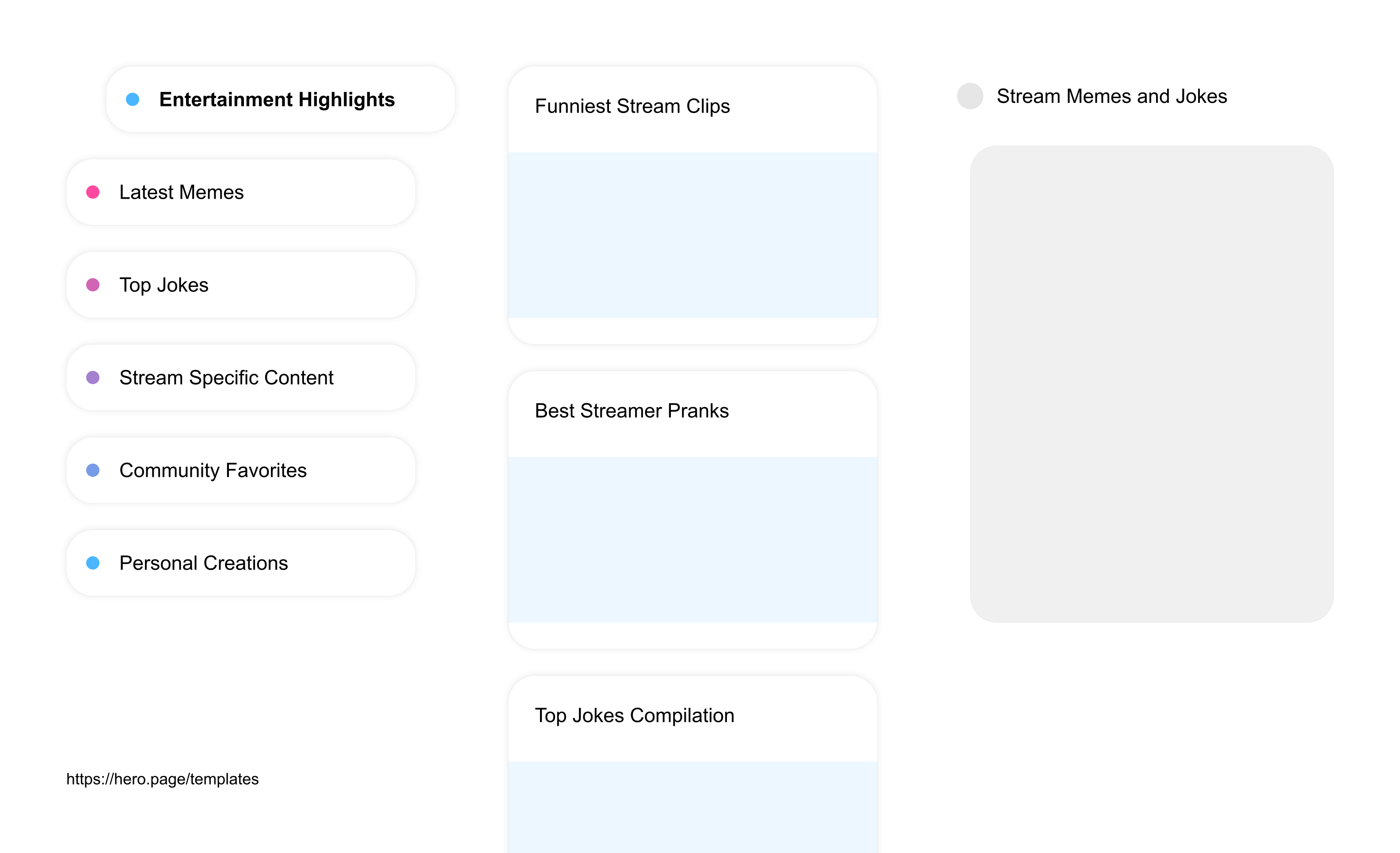 Infographic visualizing the "Stream Memes and Jokes" space template list "Entertainment Highlights", with the items: "Funniest Stream Clips, Best Streamer Pranks, Top Jokes Compilation, Meme of The Month, Most Liked Stream Memes"