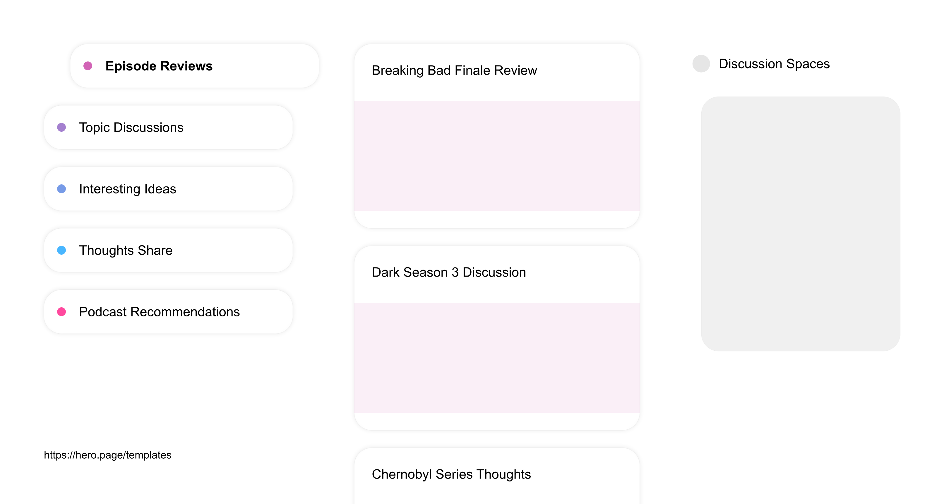 Infographic visualizing the "Discussion Spaces" space template list "Episode Reviews", with the items: "Breaking Bad Finale Review, Dark Season 3 Discussion, Chernobyl Series Thoughts, Game of Thrones Analysis, WandaVision Episode Breakdown"