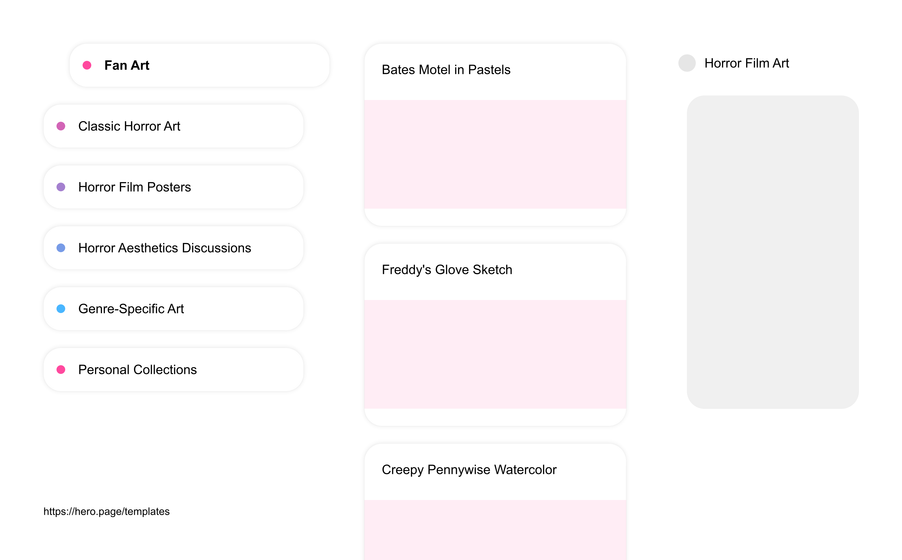 Infographic visualizing the "Horror Film Art" space template list "Fan Art", with the items: "Bates Motel in Pastels, Freddy's Glove Sketch, Creepy Pennywise Watercolor, Psycho Pop Art Piece, Silent Hill Charcoal Drawing"