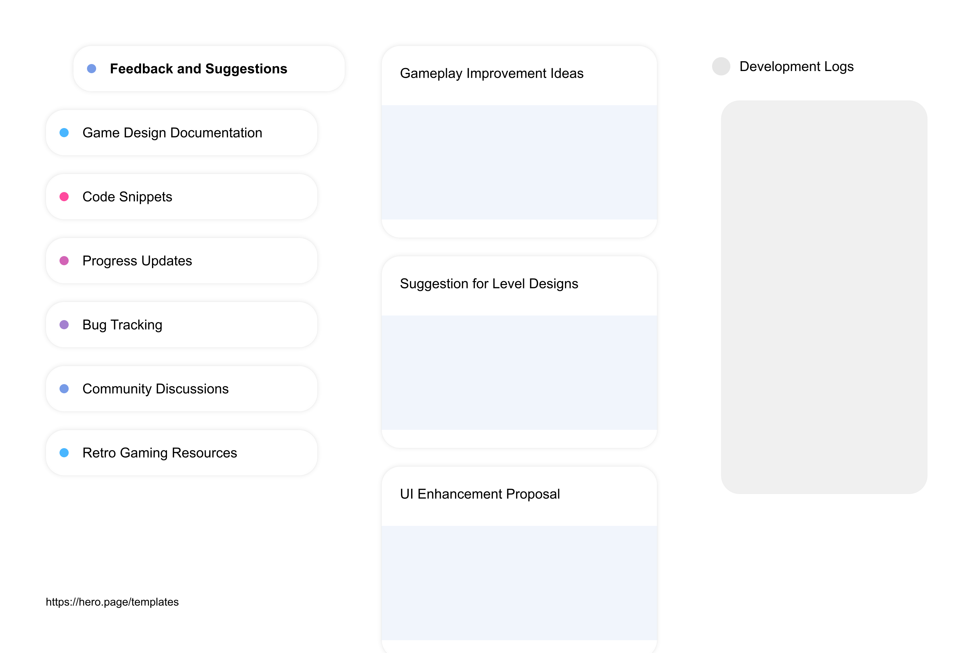 Infographic visualizing the "Development Logs" space template list "Feedback and Suggestions", with the items: "Gameplay Improvement Ideas, Suggestion for Level Designs, UI Enhancement Proposal, Feedback on Character Skills, Bug Resolution Suggestions"