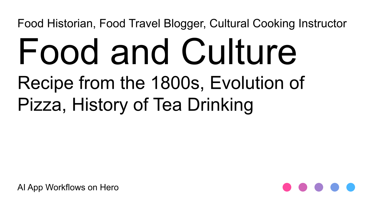 The text Food and Culture and Recipe from the 1800s, Evolution of Pizza, History of Tea Drinking on a white background