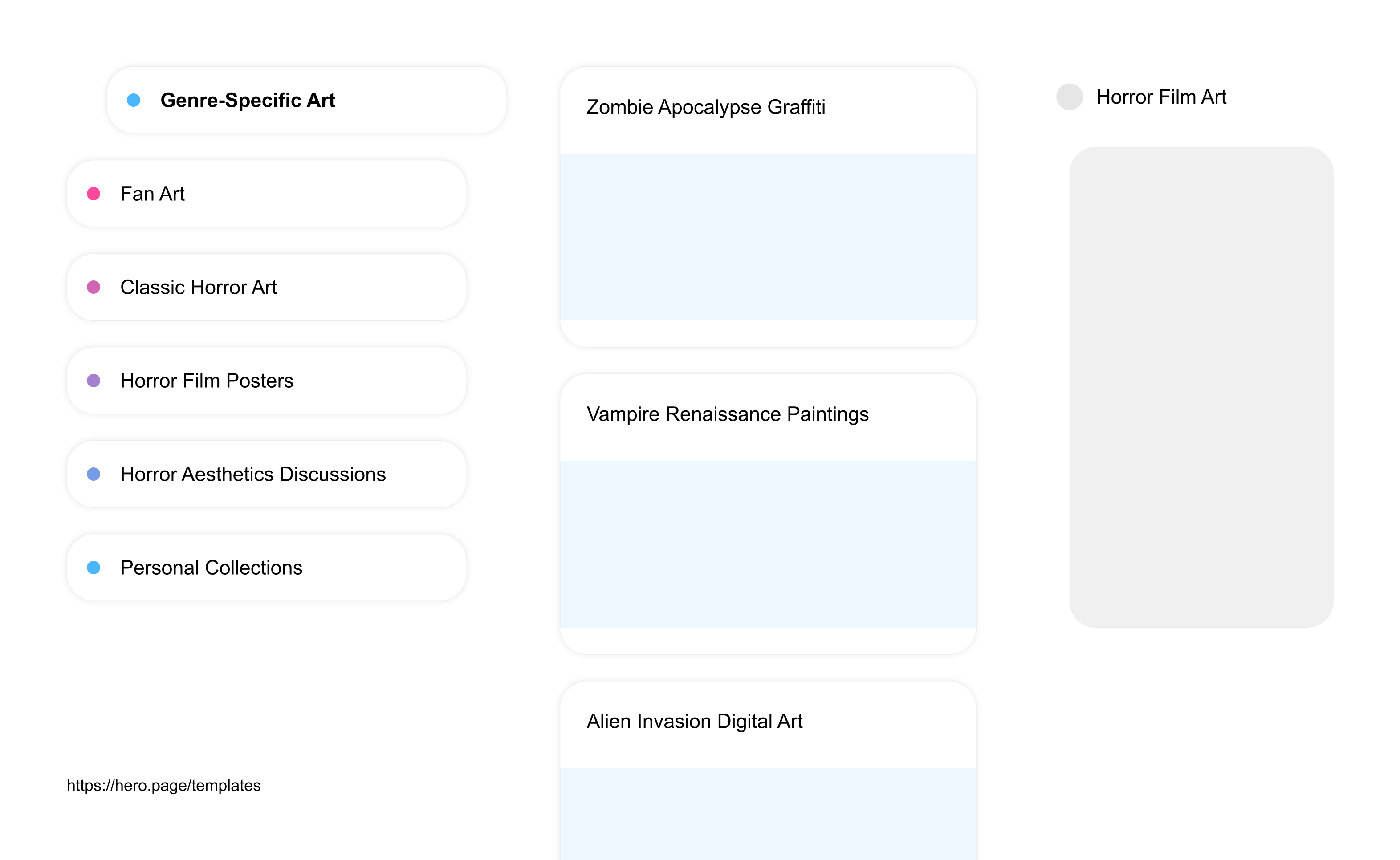 Infographic visualizing the "Horror Film Art" space template list "Genre-Specific Art", with the items: "Zombie Apocalypse Graffiti, Vampire Renaissance Paintings, Alien Invasion Digital Art, Psycho Thriller Silhouettes, Gothic Horror Oil Paintings"