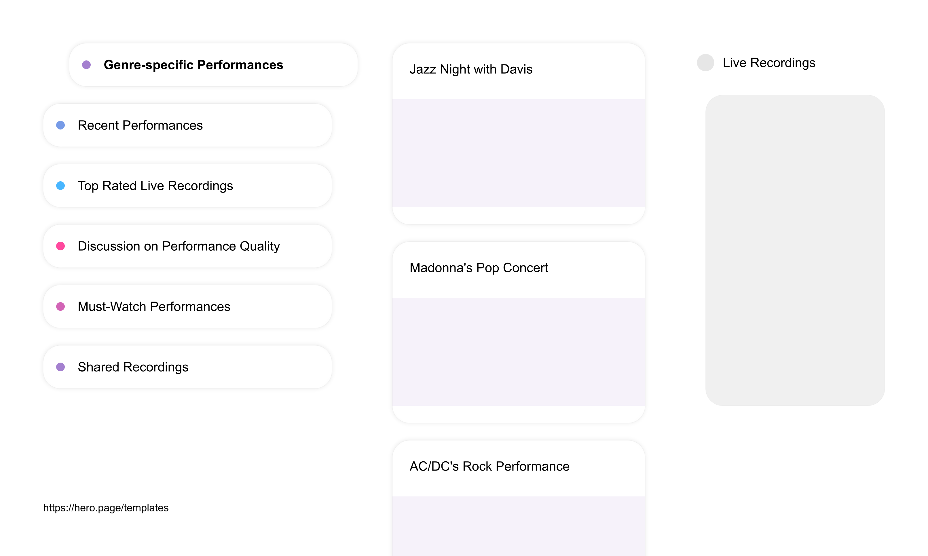 Infographic visualizing the "Live Recordings" space template list "Genre-specific Performances", with the items: "Jazz Night with Davis, Madonna's Pop Concert, AC/DC's Rock Performance, B.B. King Blues Show, Rap Battle Eminem Vs Jay-Z"