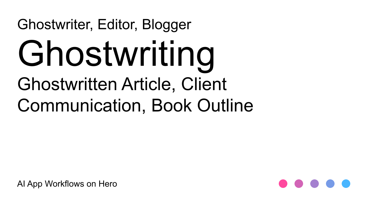 The text Ghostwriting and Ghostwritten Article, Client Communication, Book Outline on a white background