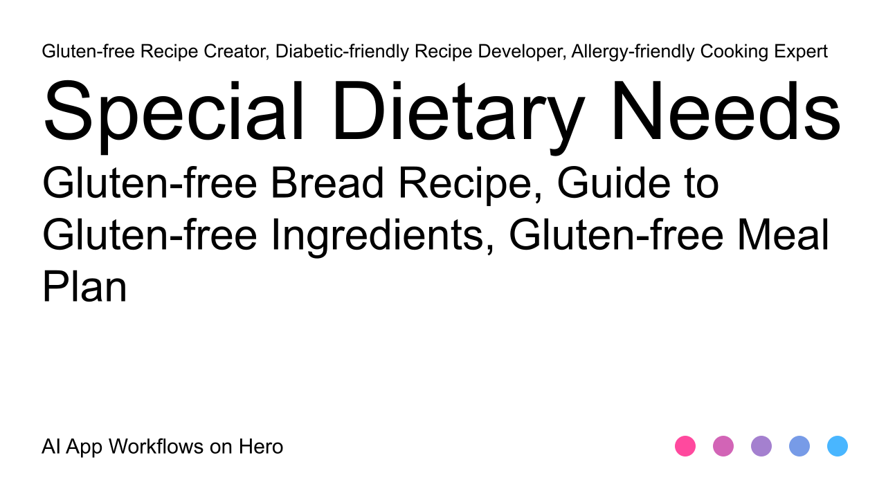 The text Special Dietary Needs and Gluten-free Bread Recipe, Guide to Gluten-free Ingredients, Gluten-free Meal Plan on a white background