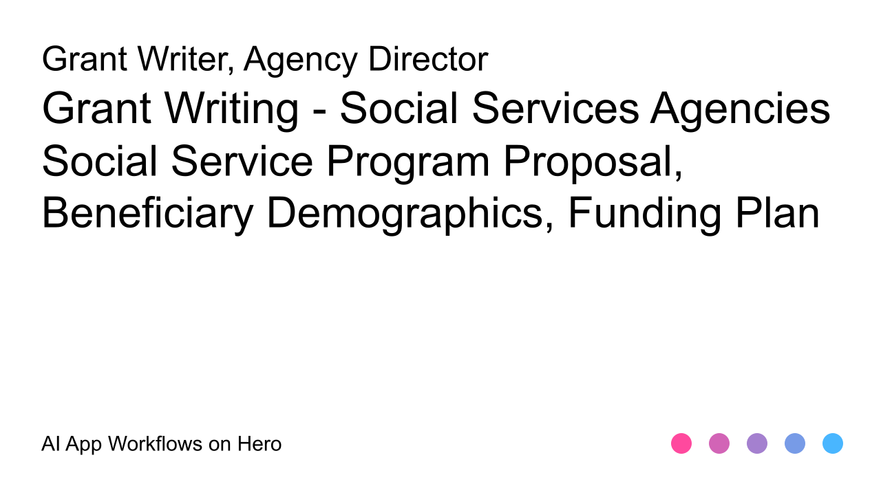 The text Grant Writing - Social Services Agencies and Social Service Program Proposal, Beneficiary Demographics, Funding Plan on a white background