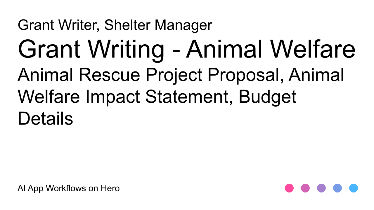 The text Grant Writing - Animal Welfare and Animal Rescue Project Proposal, Animal Welfare Impact Statement, Budget Details on a white background
