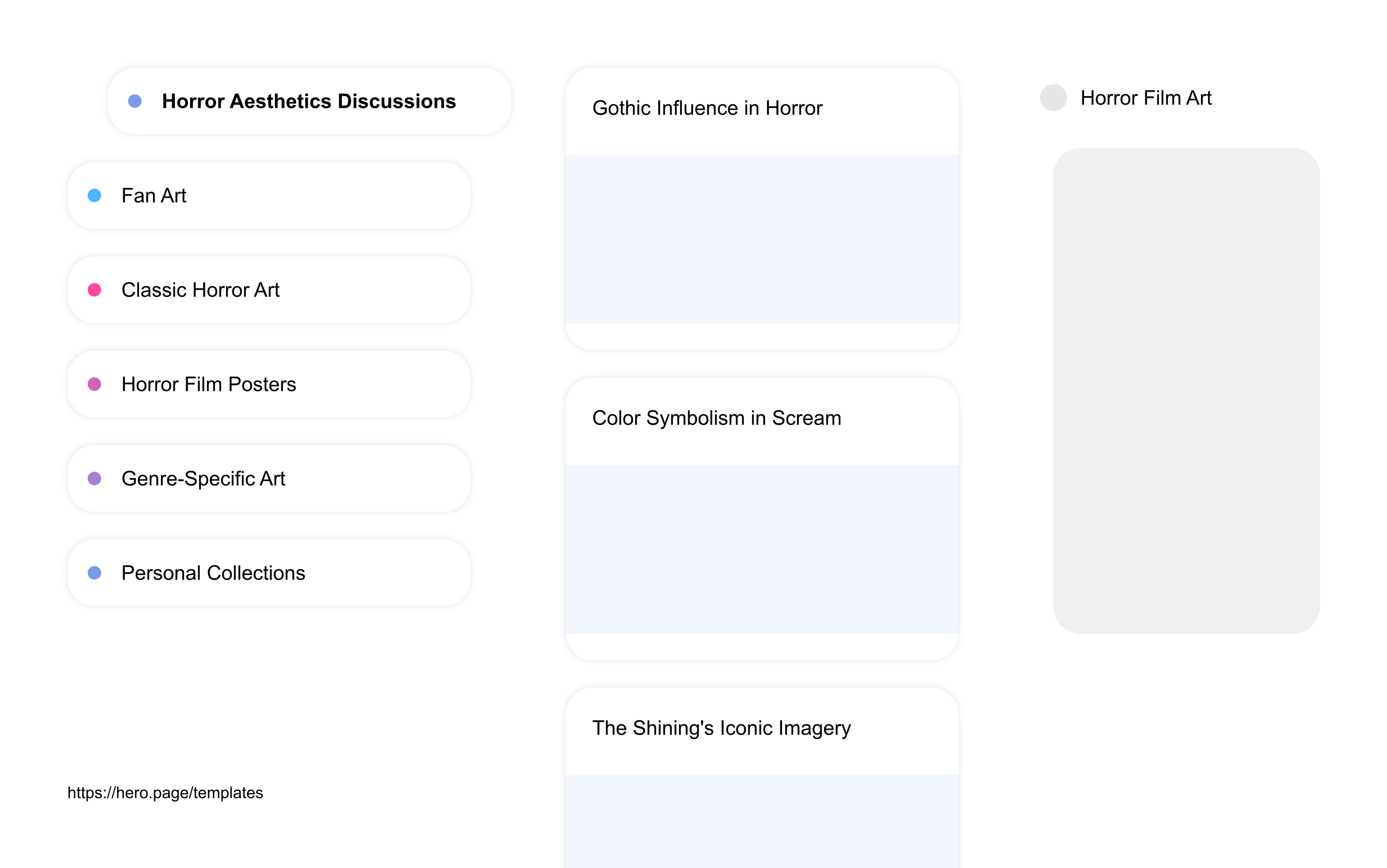 Infographic visualizing the "Horror Film Art" space template list "Horror Aesthetics Discussions", with the items: "Gothic Influence in Horror, Color Symbolism in Scream, The Shining's Iconic Imagery, Psycho's Black and White, Mise-en-scène in Alien"