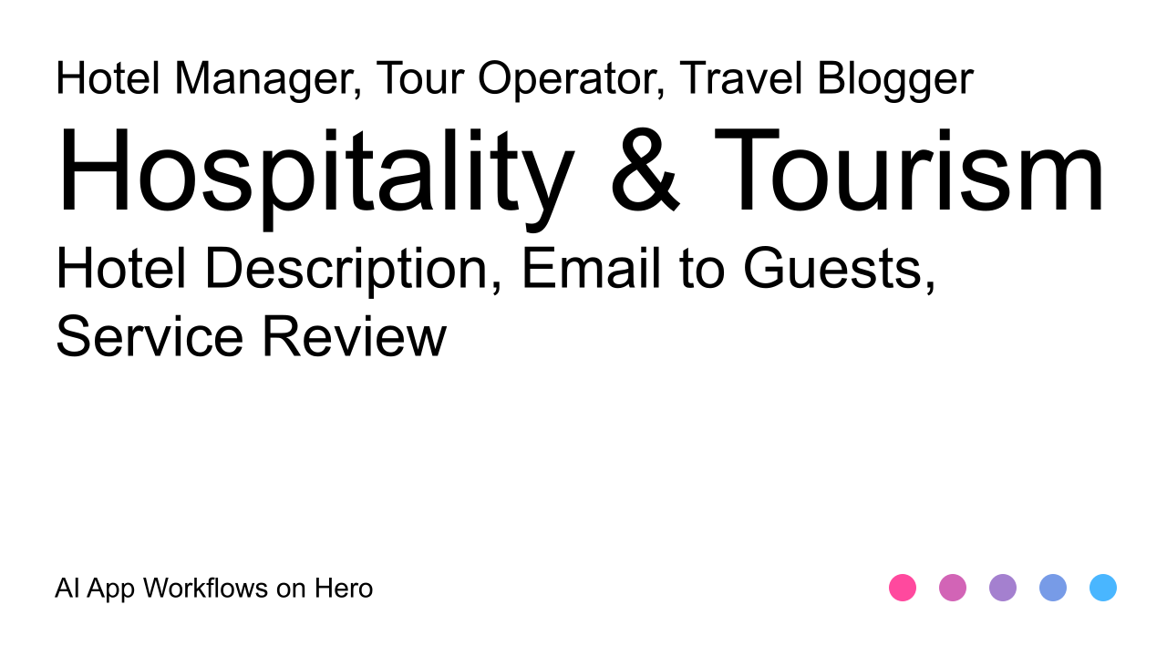 The text Hospitality & Tourism and Hotel Description, Email to Guests, Service Review on a white background