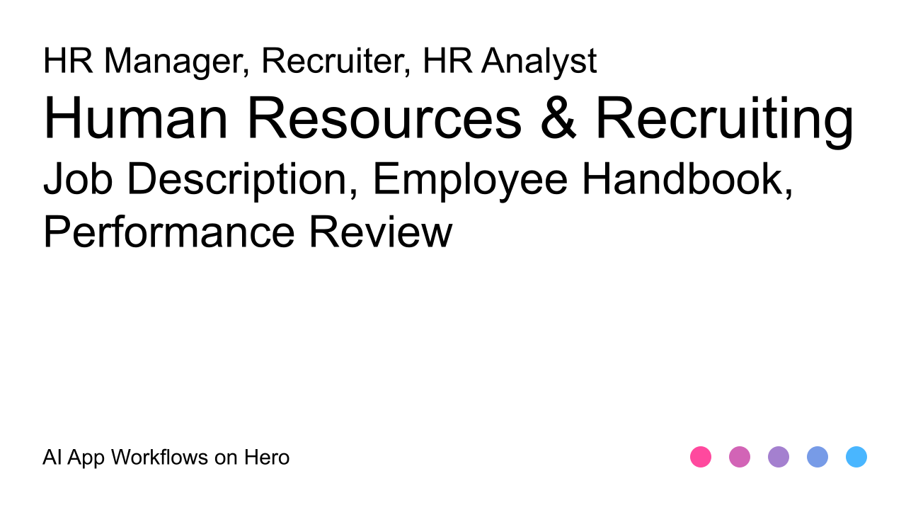 The text Human Resources & Recruiting and Job Description, Employee Handbook, Performance Review on a white background