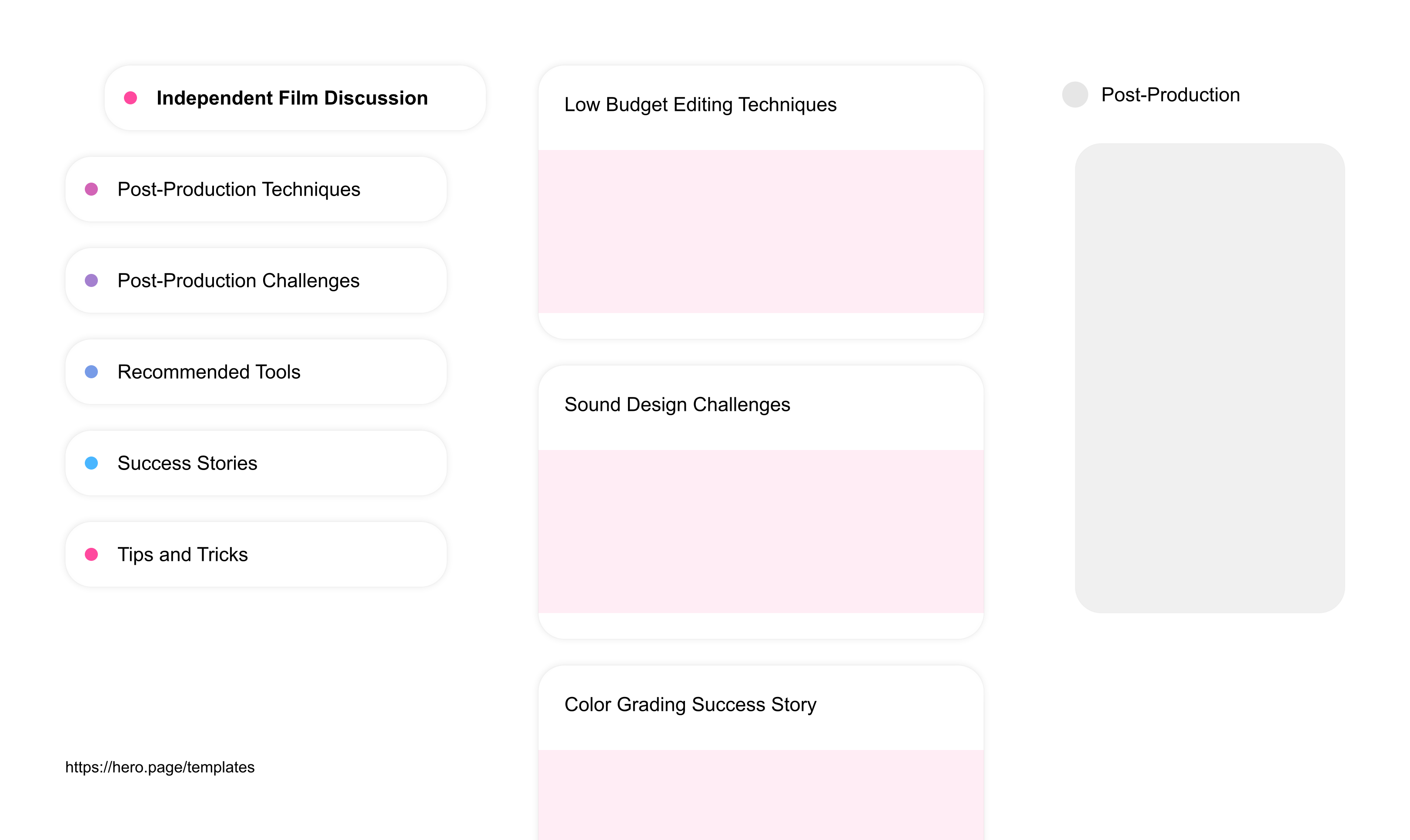 Infographic visualizing the "Post-Production" space template list "Independent Film Discussion", with the items: "Low Budget Editing Techniques, Sound Design Challenges, Color Grading Success Story, Indie Film Post-Production Workflow, Effective Sound Mixing Tips"