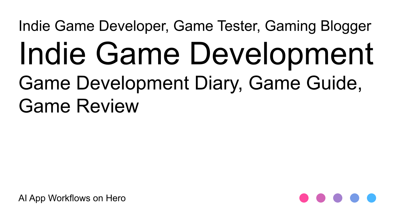 The text Indie Game Development and Game Development Diary, Game Guide, Game Review on a white background