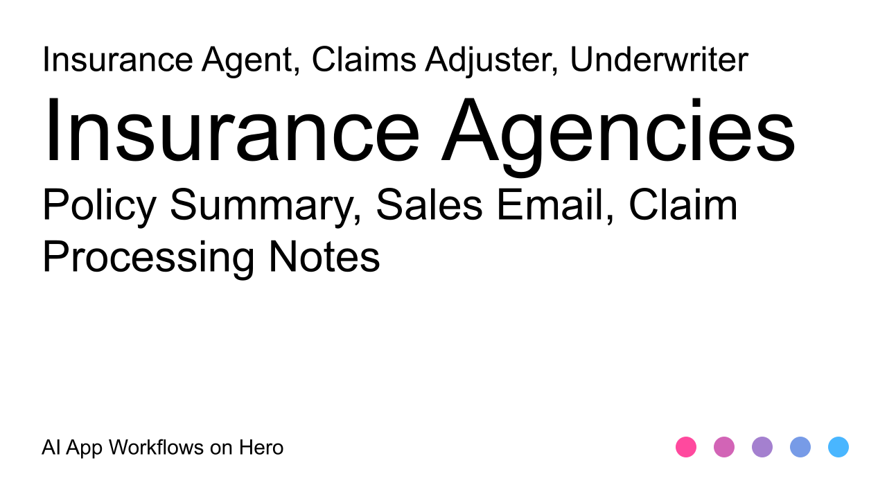 The text Insurance Agencies and Policy Summary, Sales Email, Claim Processing Notes on a white background