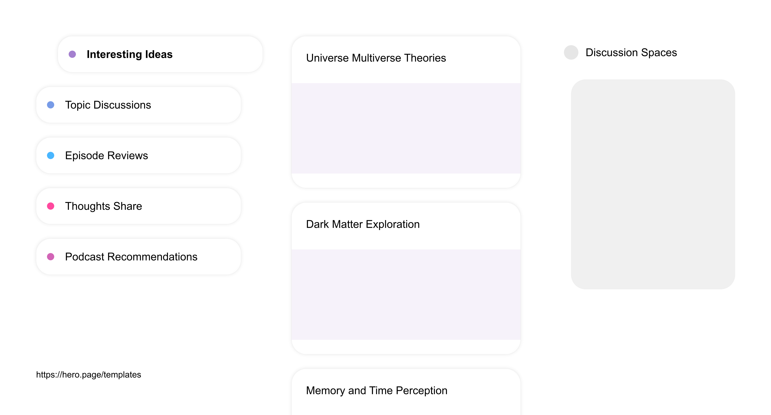 Infographic visualizing the "Discussion Spaces" space template list "Interesting Ideas", with the items: "Universe Multiverse Theories, Dark Matter Exploration, Memory and Time Perception, Quantum Physics Fundamentals, AI's Philosophical Implications"