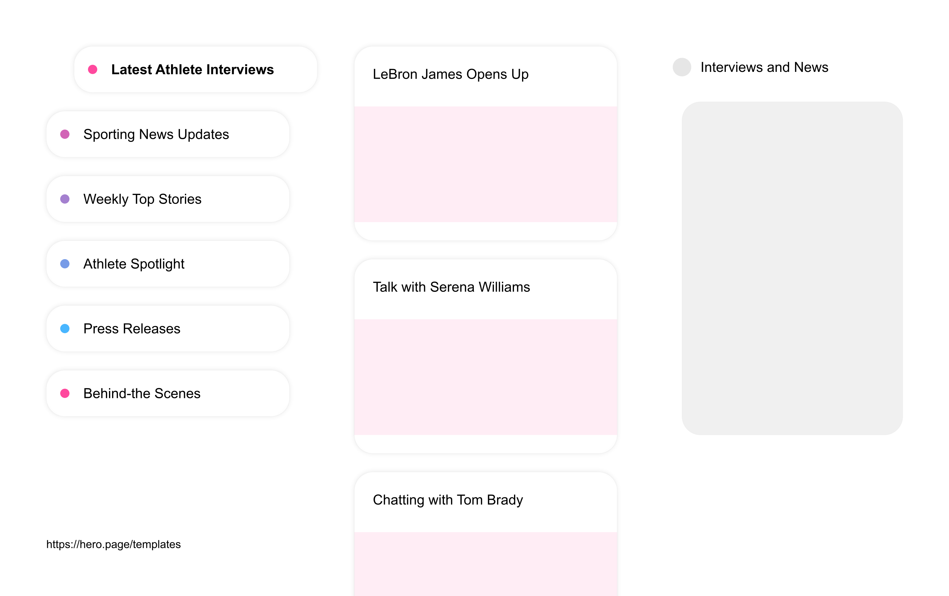 Infographic visualizing the "Interviews and News" space template list "Latest Athlete Interviews", with the items: "LeBron James Opens Up, Talk with Serena Williams, Chatting with Tom Brady, Messi's Insights on Football, Valuable Time with Federer"