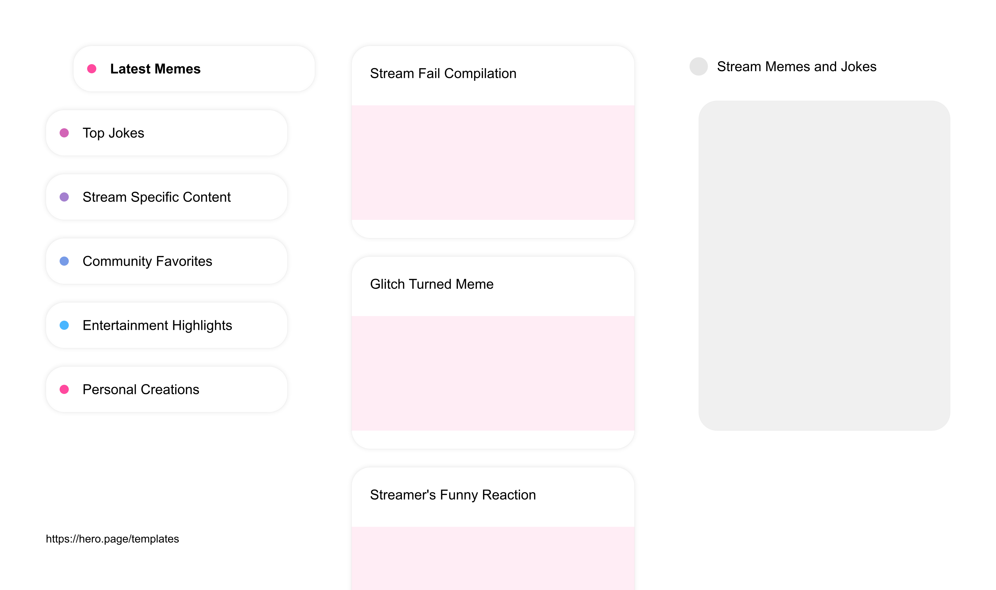 Infographic visualizing the "Stream Memes and Jokes" space template list "Latest Memes", with the items: "Stream Fail Compilation, Glitch Turned Meme, Streamer's Funny Reaction, Unforgettable Stream Moments, Unexpected Stream Surprises"