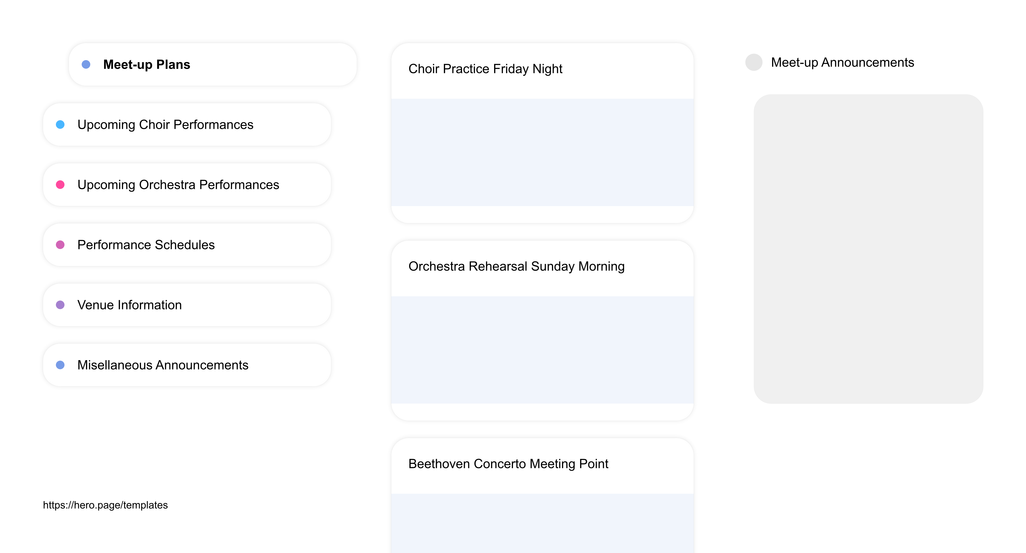 Infographic visualizing the "Meet-up Announcements" space template list "Meet-up Plans", with the items: "Choir Practice Friday Night, Orchestra Rehearsal Sunday Morning, Beethoven Concerto Meeting Point, Symphony in Park Picnic, Charity Event Volunteer Coordination"