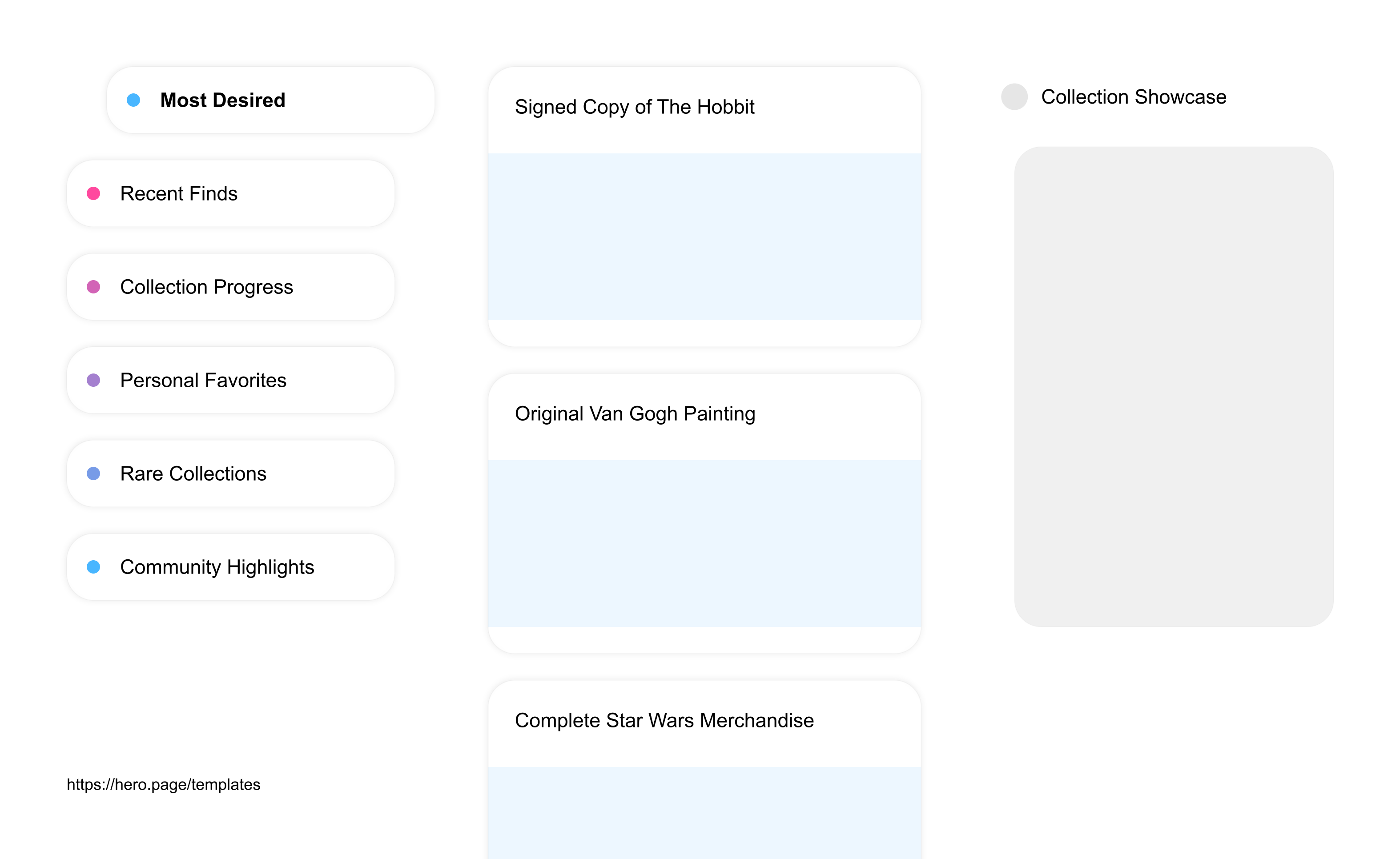 Infographic visualizing the "Collection Showcase" space template list "Most Desired", with the items: "Signed Copy of The Hobbit, Original Van Gogh Painting, Complete Star Wars Merchandise, Mint Condition Rolex Watch, First Edition Pride and Prejudice"