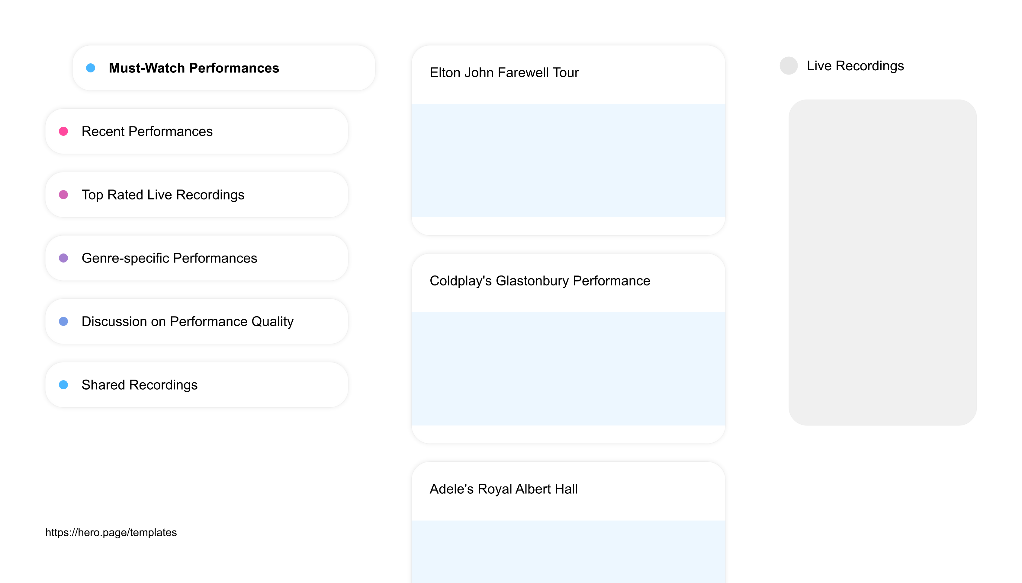 Infographic visualizing the "Live Recordings" space template list "Must-Watch Performances", with the items: "Elton John Farewell Tour, Coldplay's Glastonbury Performance, Adele's Royal Albert Hall, Bruce Springsteen's Broadway Show, Beyoncé's Super Bowl Halftime"