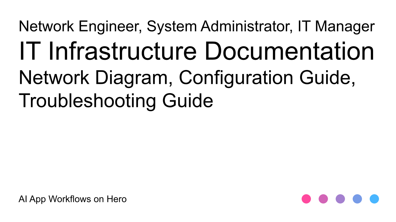 The text IT Infrastructure Documentation and Network Diagram, Configuration Guide, Troubleshooting Guide on a white background