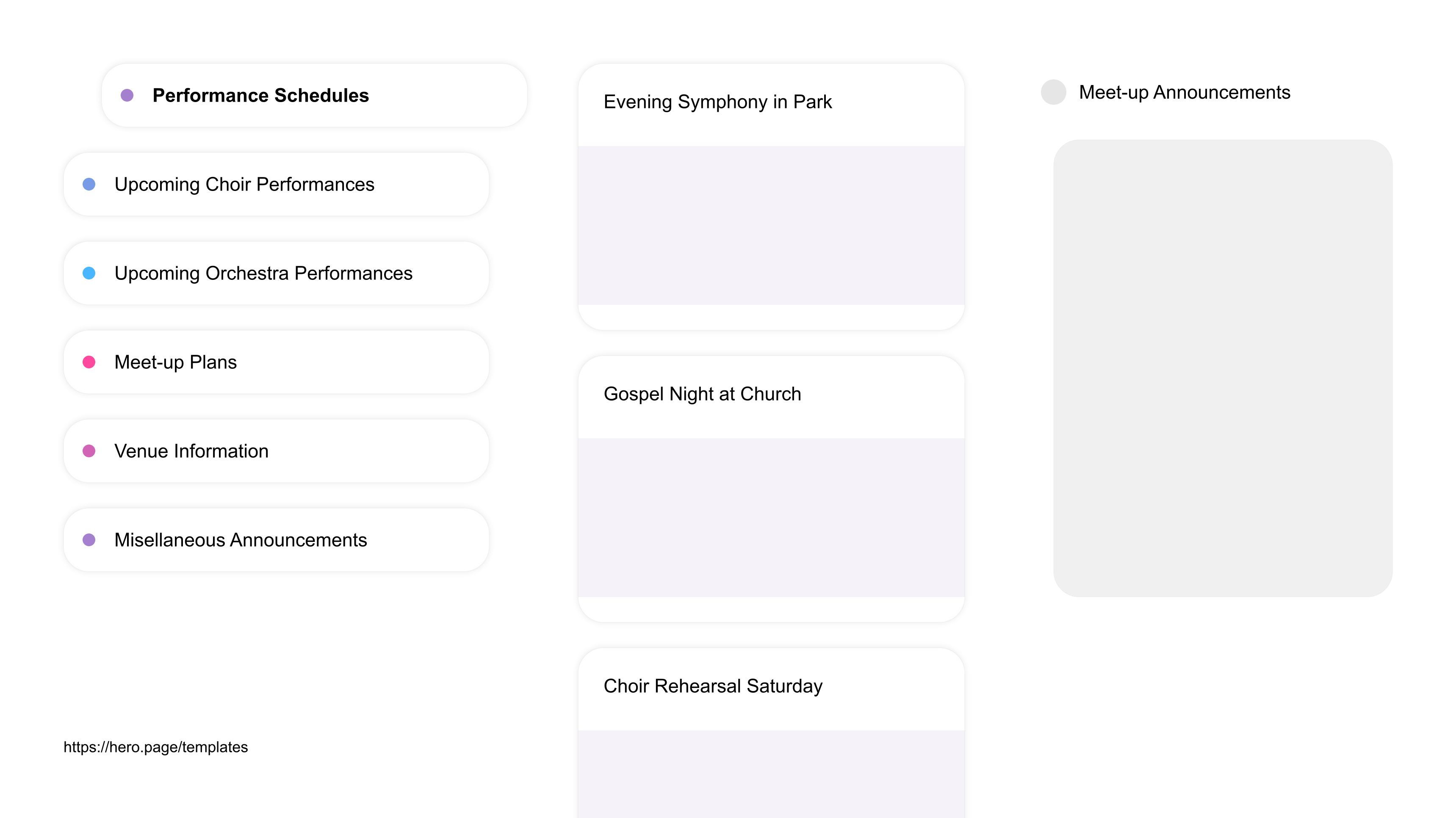 Infographic visualizing the "Meet-up Announcements" space template list "Performance Schedules", with the items: "Evening Symphony in Park, Gospel Night at Church, Choir Rehearsal Saturday, Orchestra Matinee Next Month, Children's Choir Tomorrow"