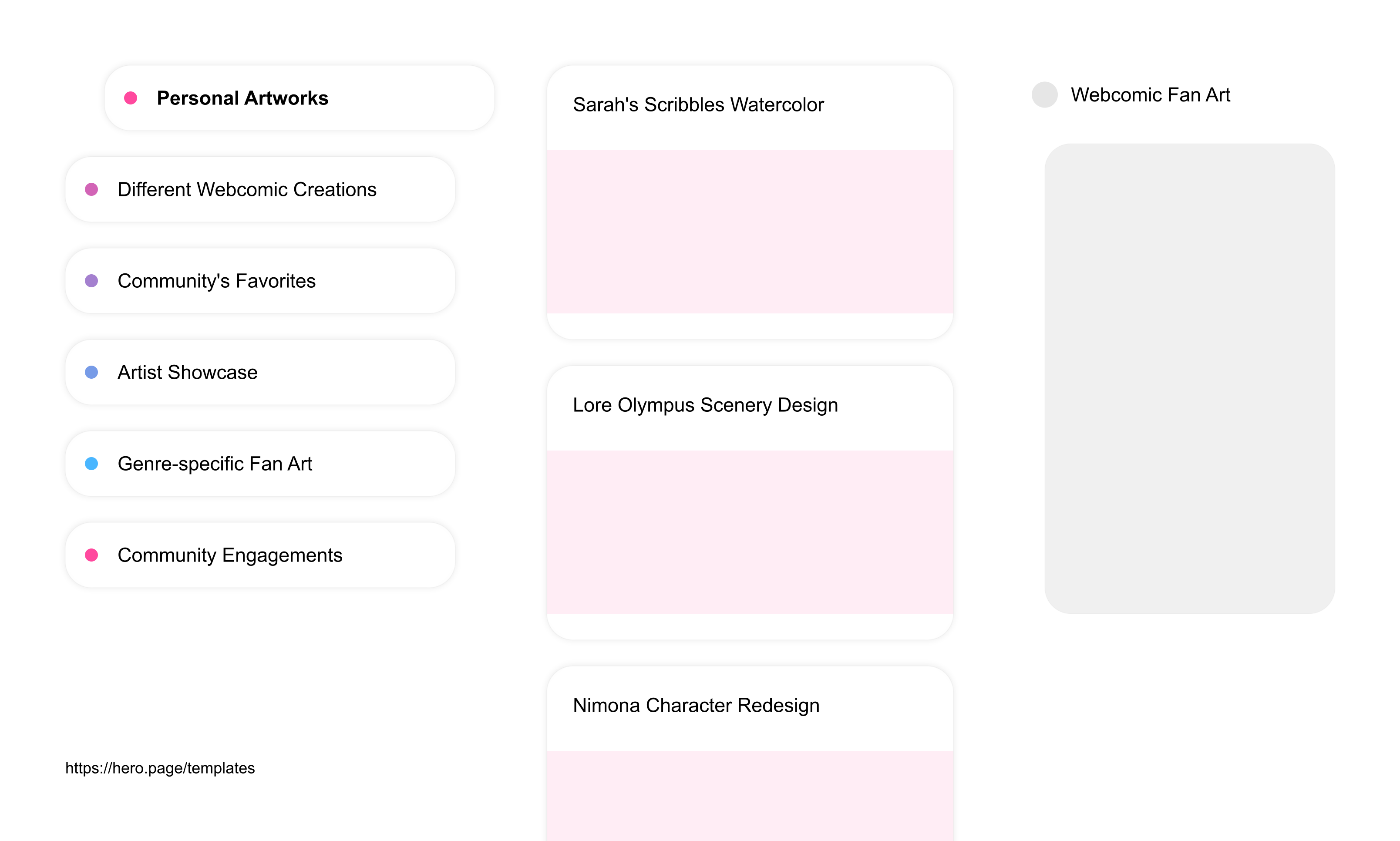 Infographic visualizing the "Webcomic Fan Art" space template list "Personal Artworks", with the items: "Sarah's Scribbles Watercolor, Lore Olympus Scenery Design, Nimona Character Redesign, Sandman Inspired Mix Media, Saga's Hazel and Izabel Sketch"