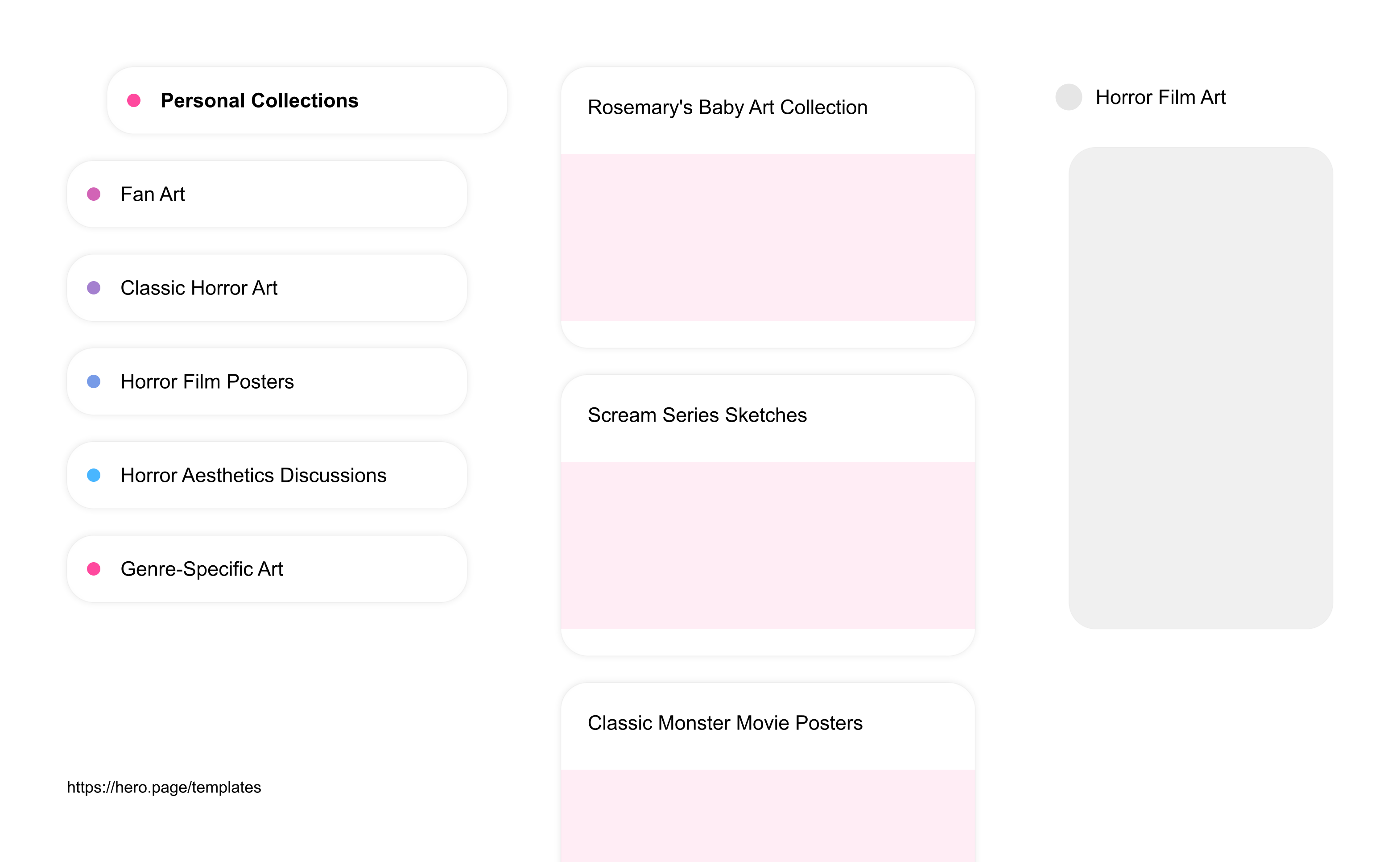 Infographic visualizing the "Horror Film Art" space template list "Personal Collections", with the items: "Rosemary's Baby Art Collection, Scream Series Sketches, Classic Monster Movie Posters, Gothic Horror Art Stash, 1970s Horror Film Prints"
