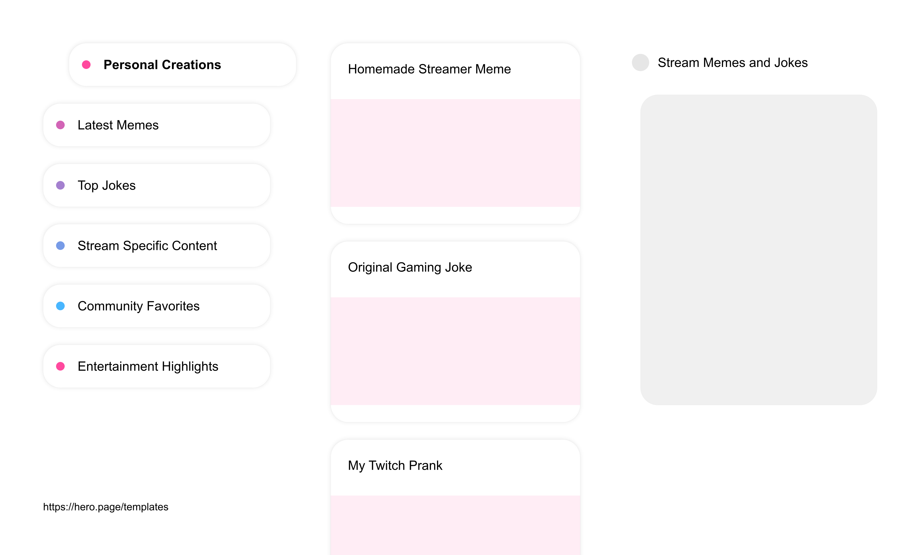 Infographic visualizing the "Stream Memes and Jokes" space template list "Personal Creations", with the items: "Homemade Streamer Meme, Original Gaming Joke, My Twitch Prank, Own Stream Fail Meme, Created Stream Humor"