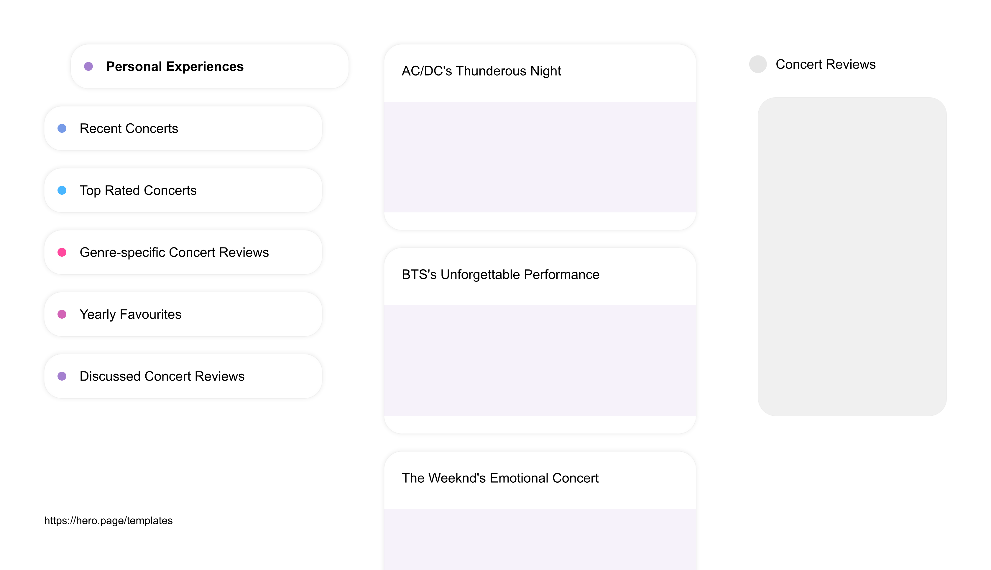Infographic visualizing the "Concert Reviews" space template list "Personal Experiences", with the items: "AC/DC's Thunderous Night, BTS's Unforgettable Performance, The Weeknd's Emotional Concert, Beyonce's Formation Tour Experience, Witnessing McCartney Live"