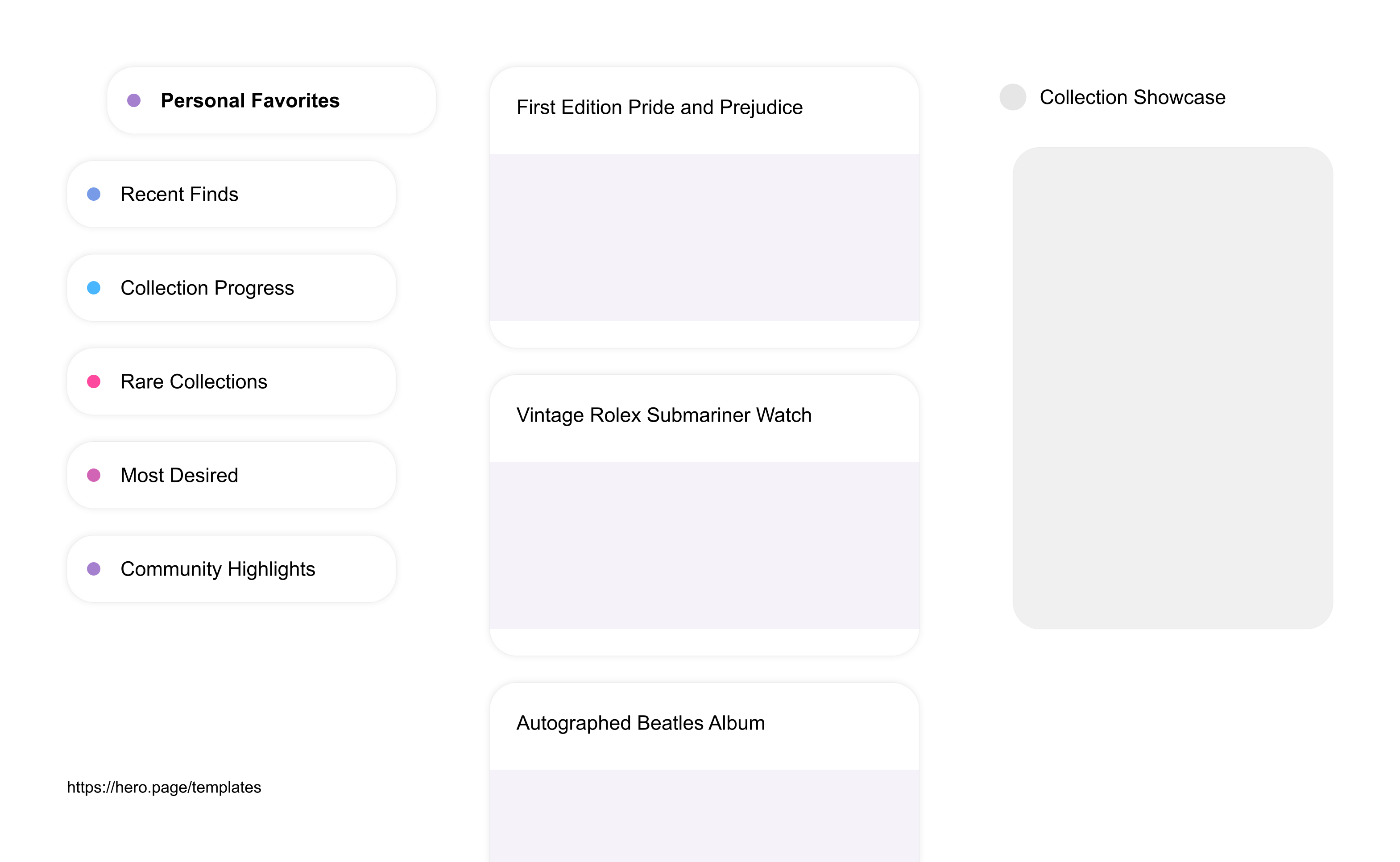 Infographic visualizing the "Collection Showcase" space template list "Personal Favorites", with the items: "First Edition Pride and Prejudice, Vintage Rolex Submariner Watch, Autographed Beatles Album, Tiffany Lamp from 1905, Original Picasso Sketch"