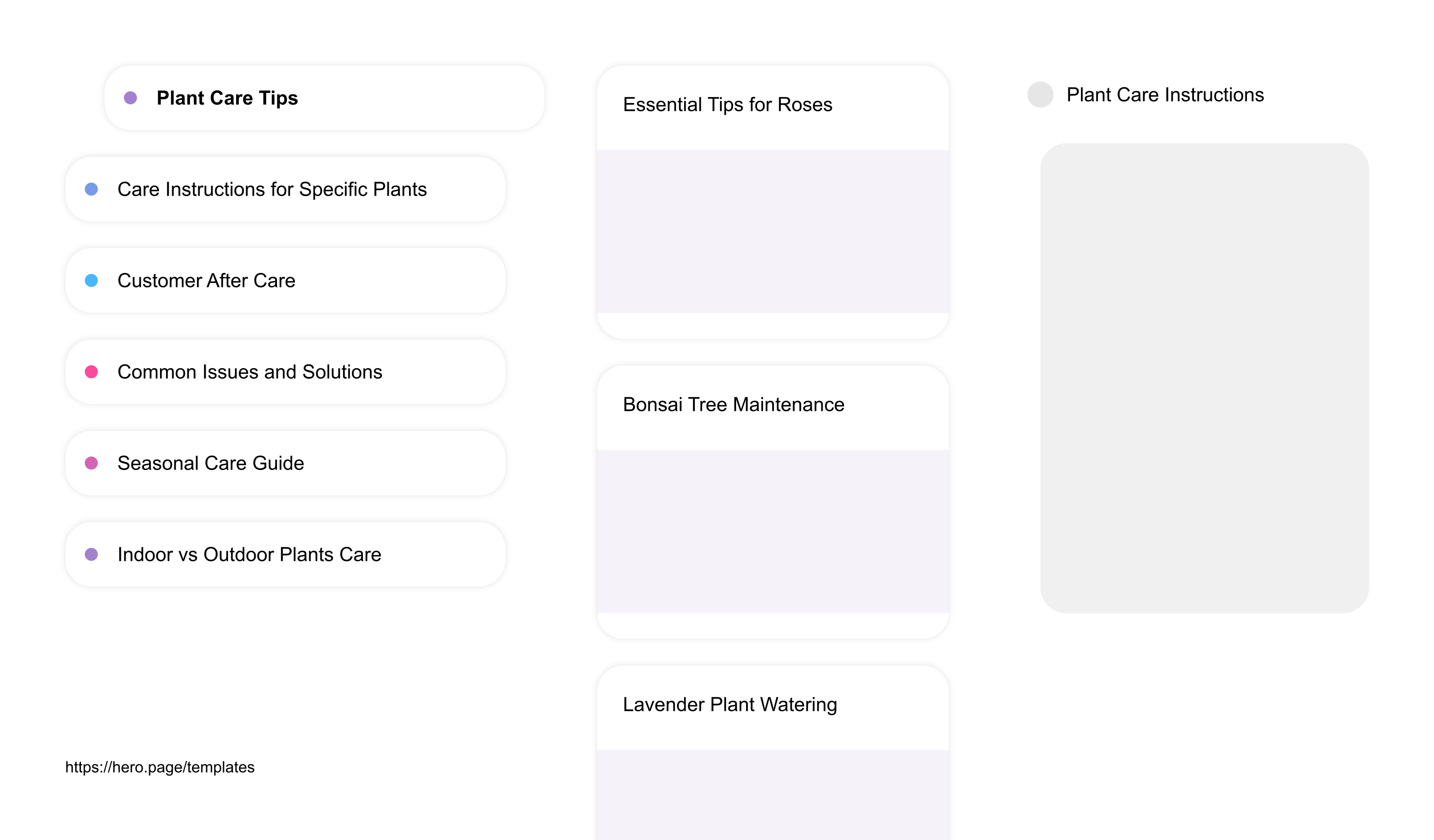 Infographic visualizing the "Plant Care Instructions" space template list "Plant Care Tips", with the items: "Essential Tips for Roses, Bonsai Tree Maintenance, Lavender Plant Watering, Succulent Care Basics, Orchid Feeding Guide"