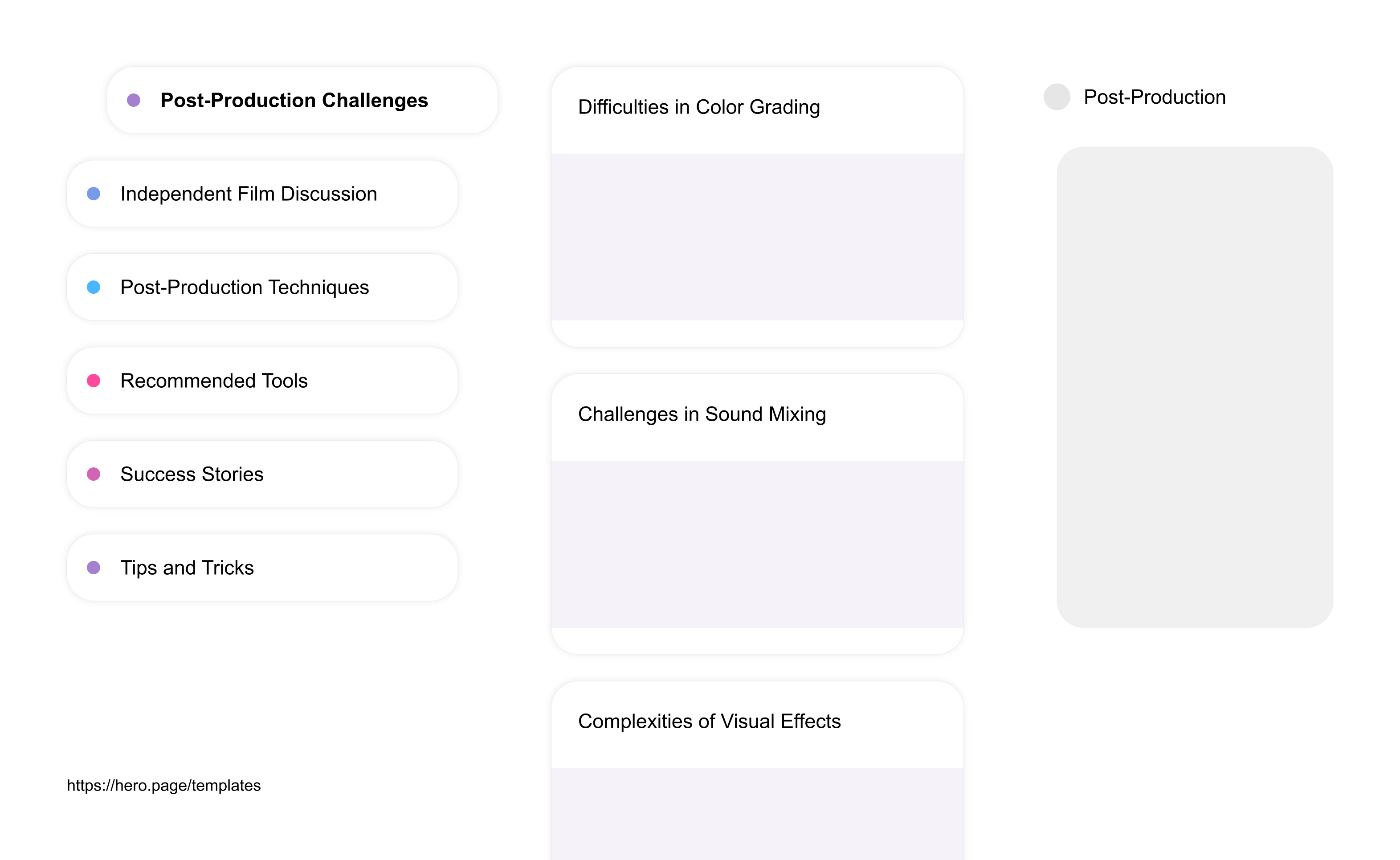 Infographic visualizing the "Post-Production" space template list "Post-Production Challenges", with the items: "Difficulties in Color Grading, Challenges in Sound Mixing, Complexities of Visual Effects, Problems of Non-Linear Editing, Obstacles in Sound Design"